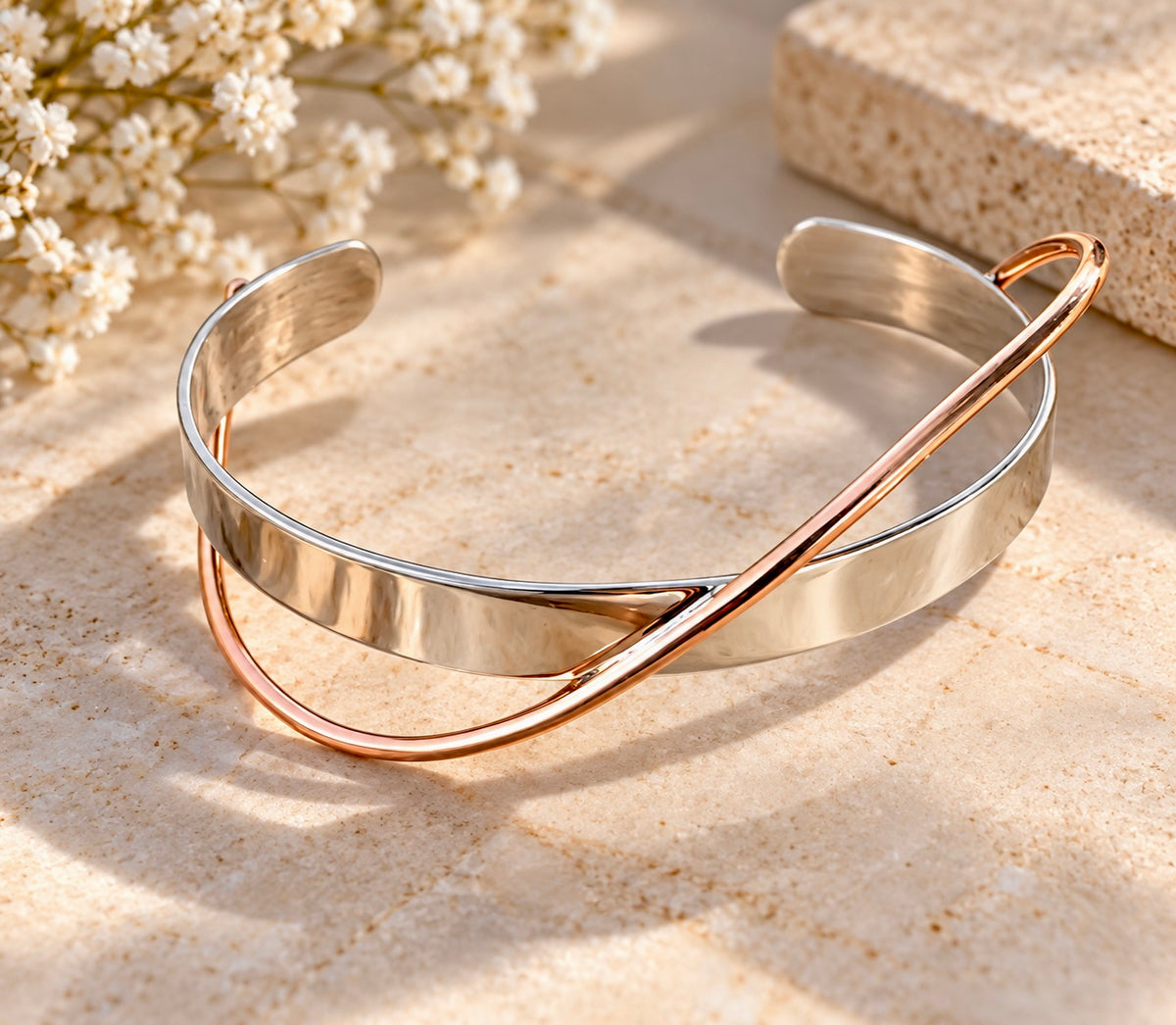 Sterling Silver Cuff Bracelet with Copper Ribbon