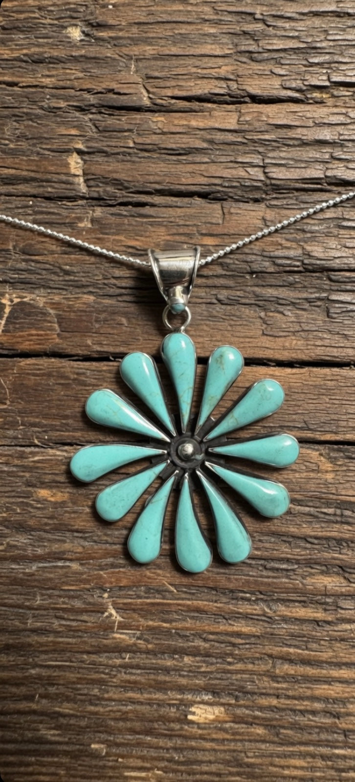 Turquoise Daisy Flower Pendant & Sterling Silver Necklace