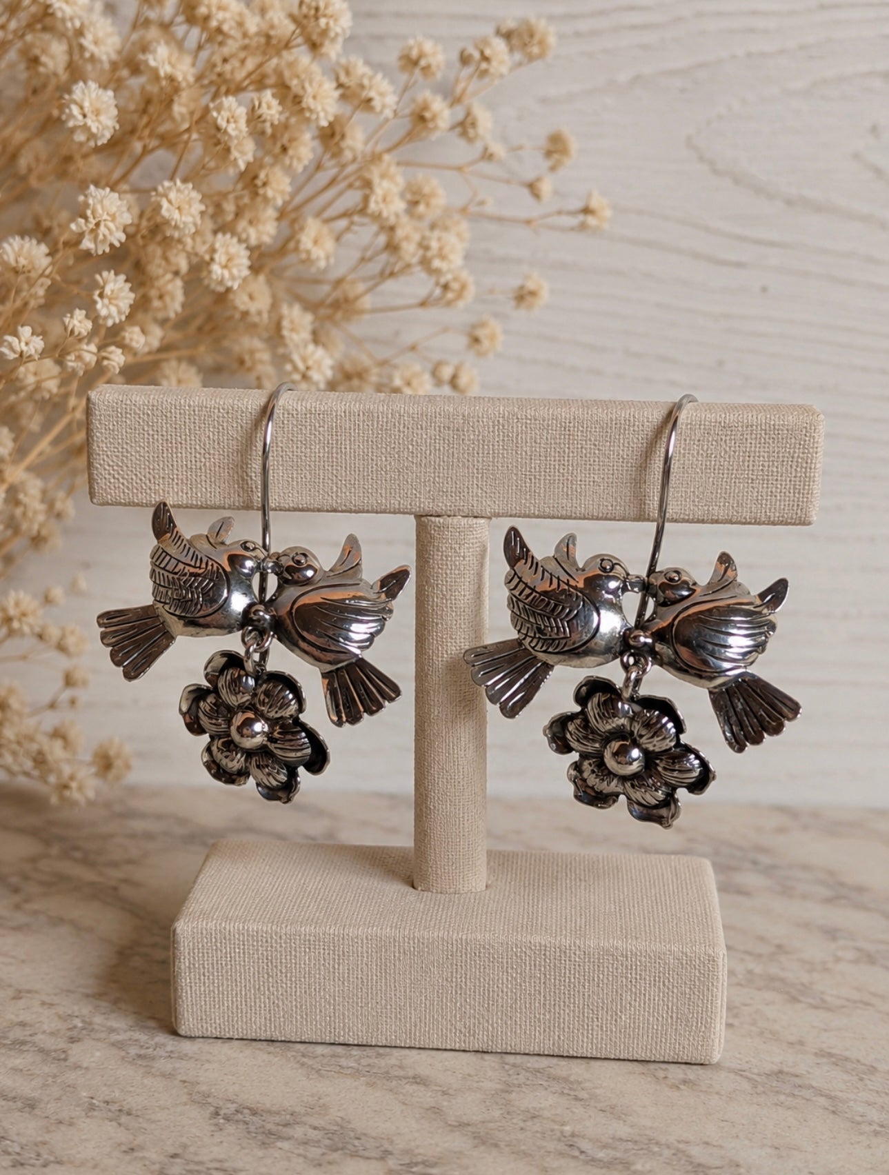 LoveBird Kissing Doves With Flower Blossom Sterling Silver Dangle Earrings