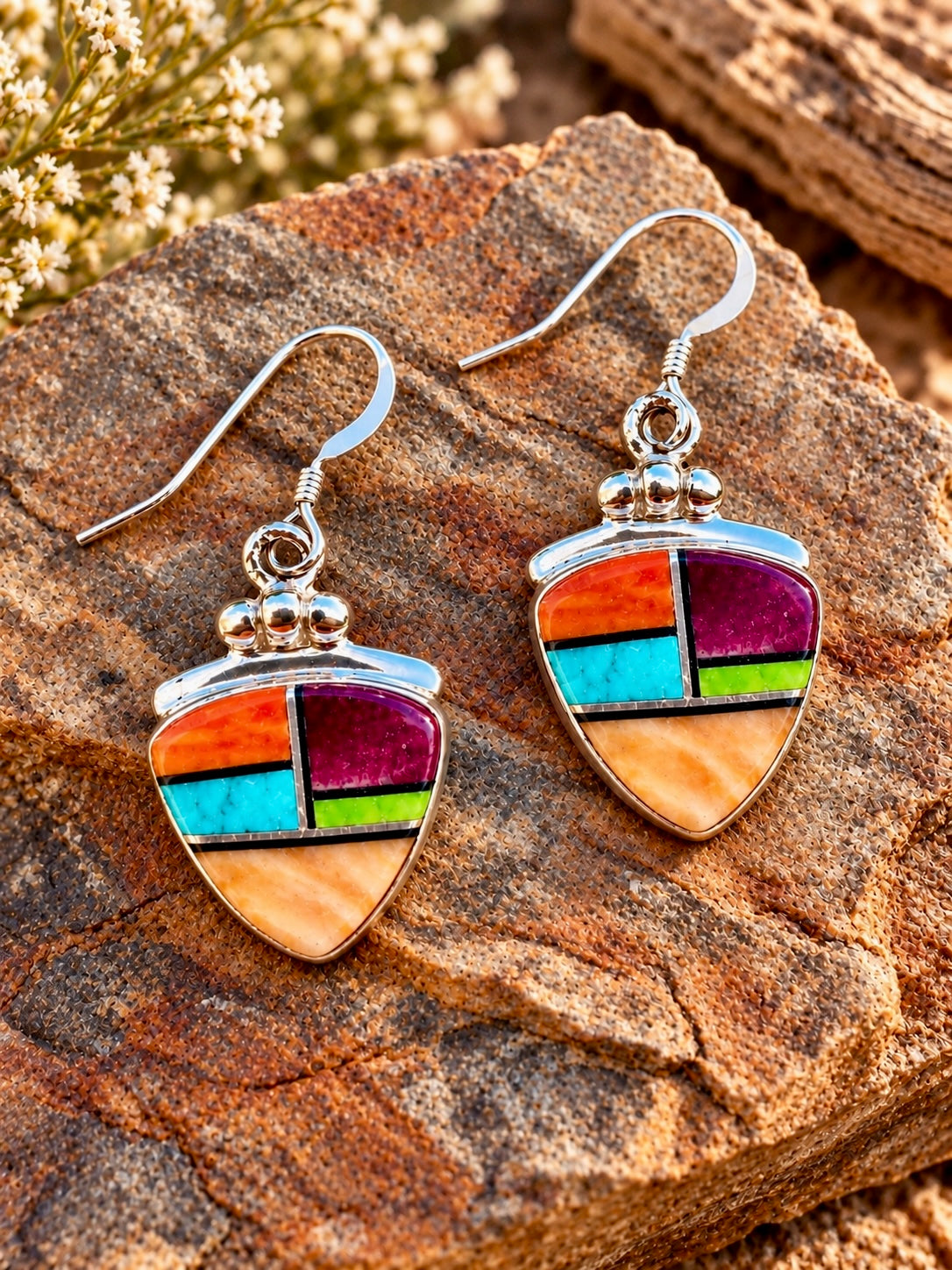Handcrafted Multi Stone Turquoise, Orange Spiny Hook Dangle Earrings
