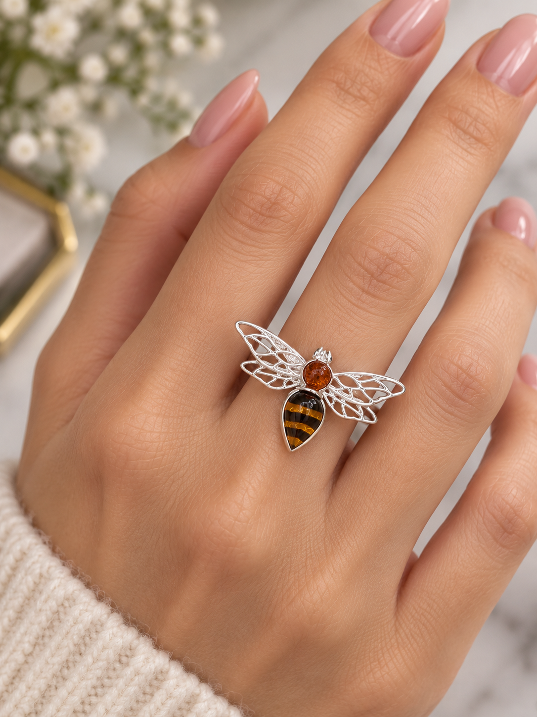 Sterling Silver Handmade Amber Bee Adjustable Ring