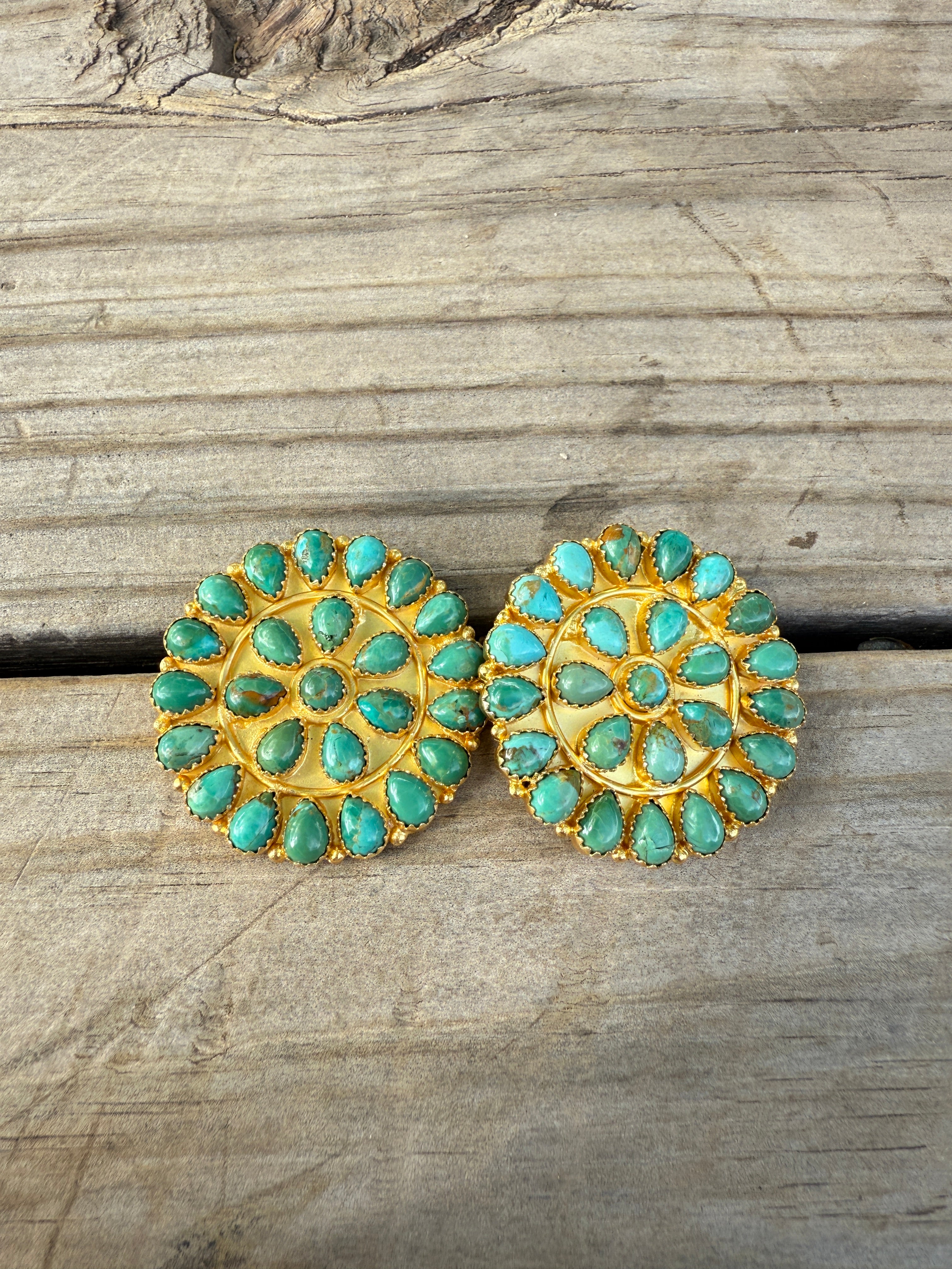 “The Golden Collection” Handmade Natural Kingman Turquoise Gold Plated Sterling Silver Cluster Post Earrings