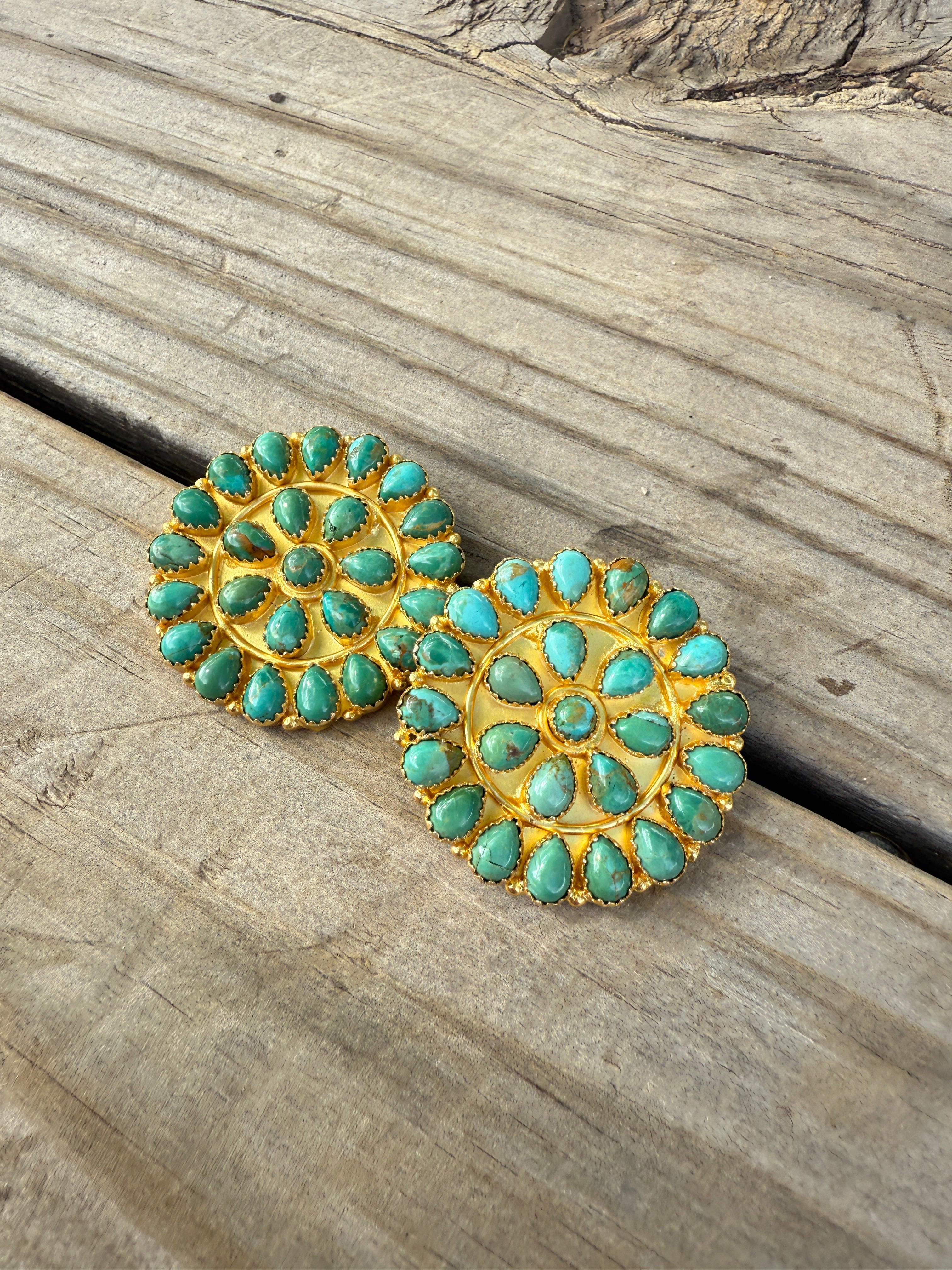 “The Golden Collection” Handmade Natural Kingman Turquoise Gold Plated Sterling Silver Cluster Post Earrings