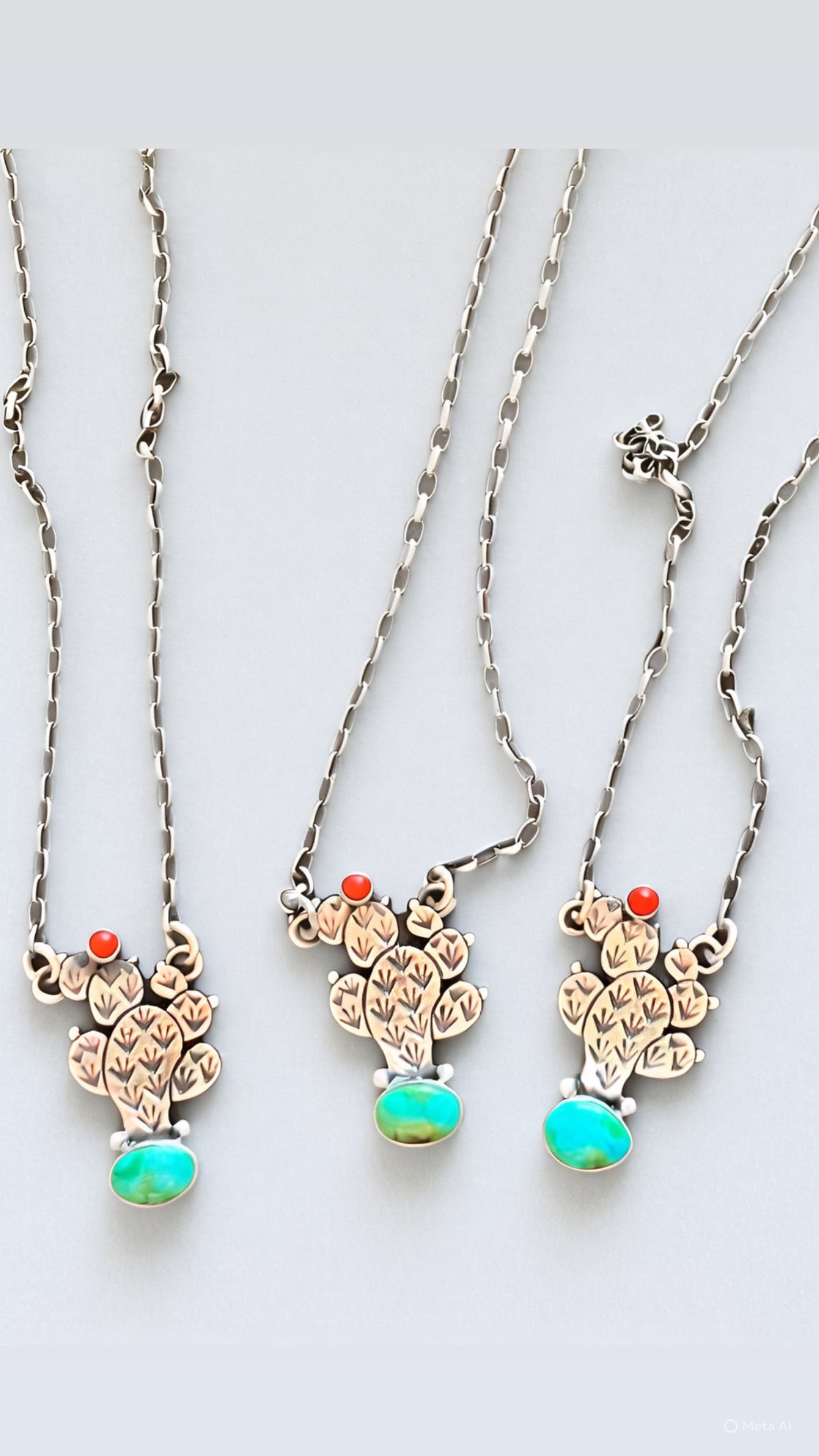 Handcrafted Petite Sterling Silver, Turquoise and Coral Cactus Link Chain Necklace, 16” + 1.5”