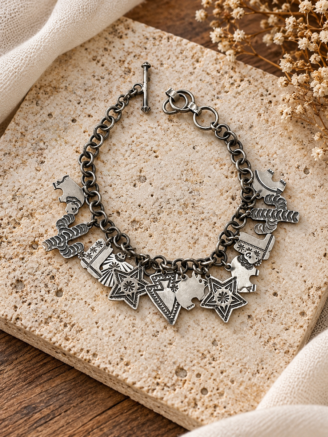 Darrell Cadman Sterling Silver Charms Bracelet 10”Signed