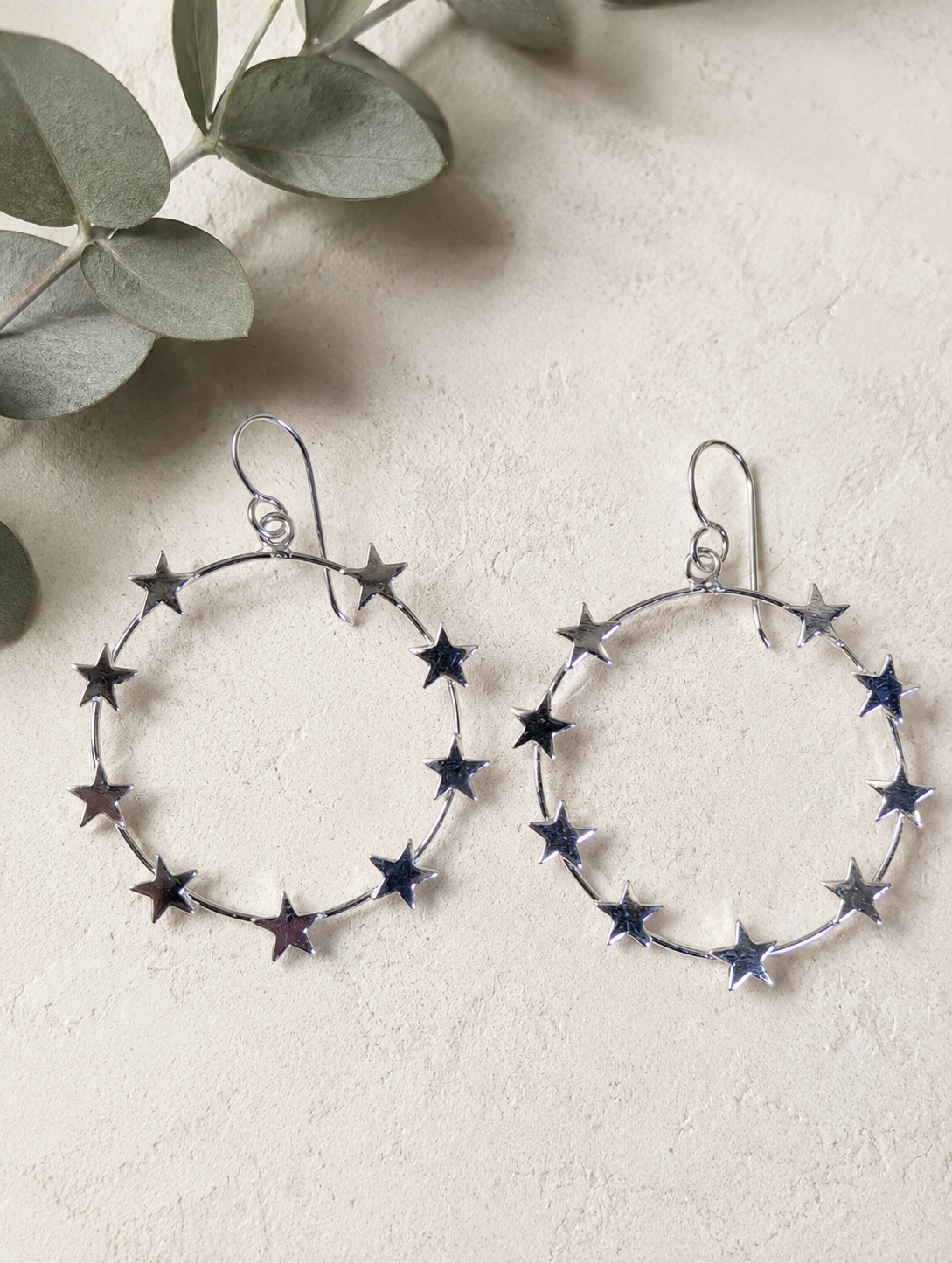 Sterling Silver Round Circles With Stars Dangle Hoop Earrings