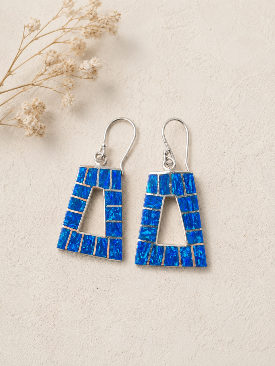 Mosaic Lapis Inlay Trapezoid Shaped Geometric Sterling Silver Dangle Earrings