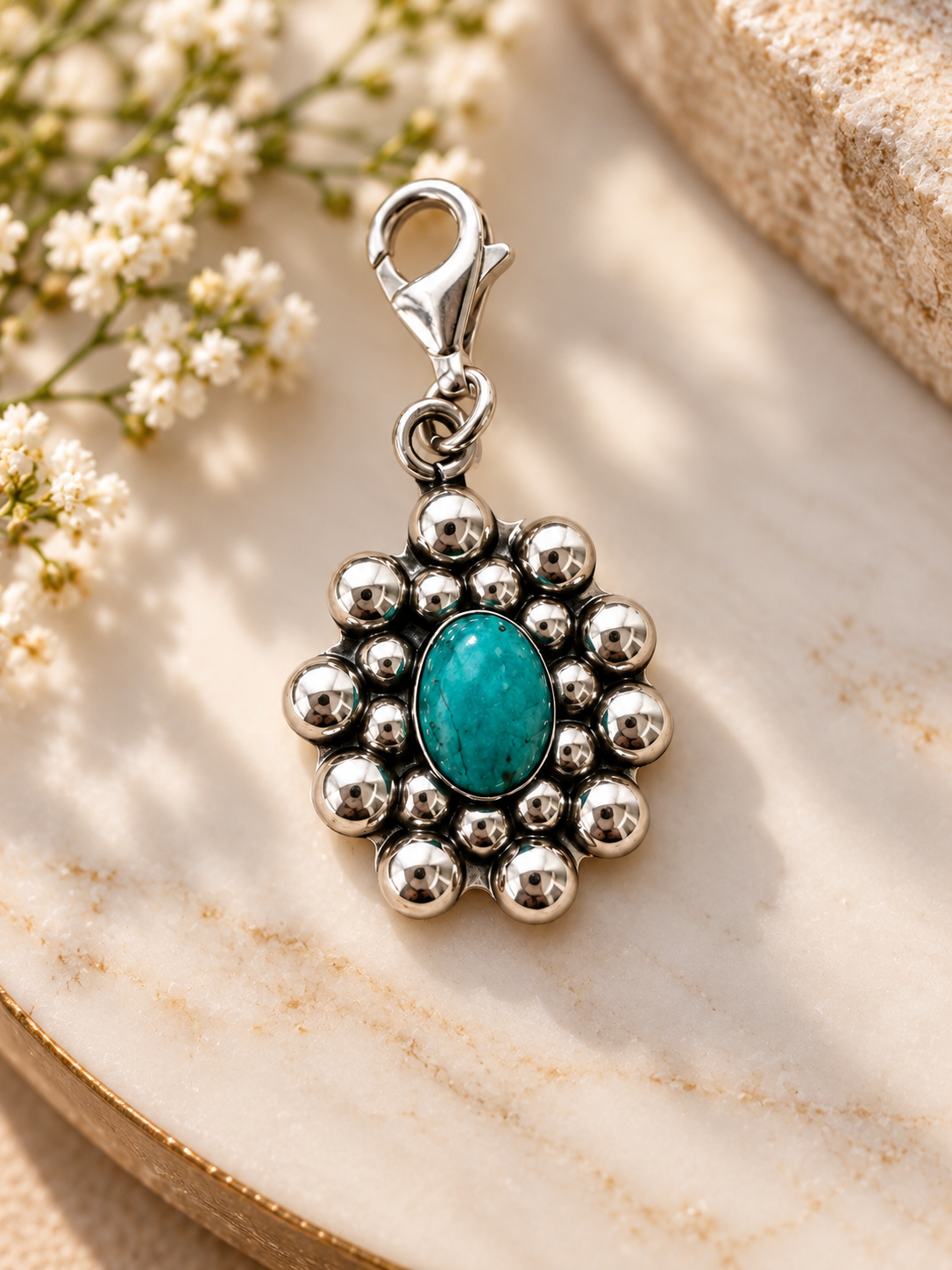 Handmade Sterling Silver And Turquoise Flower Charm