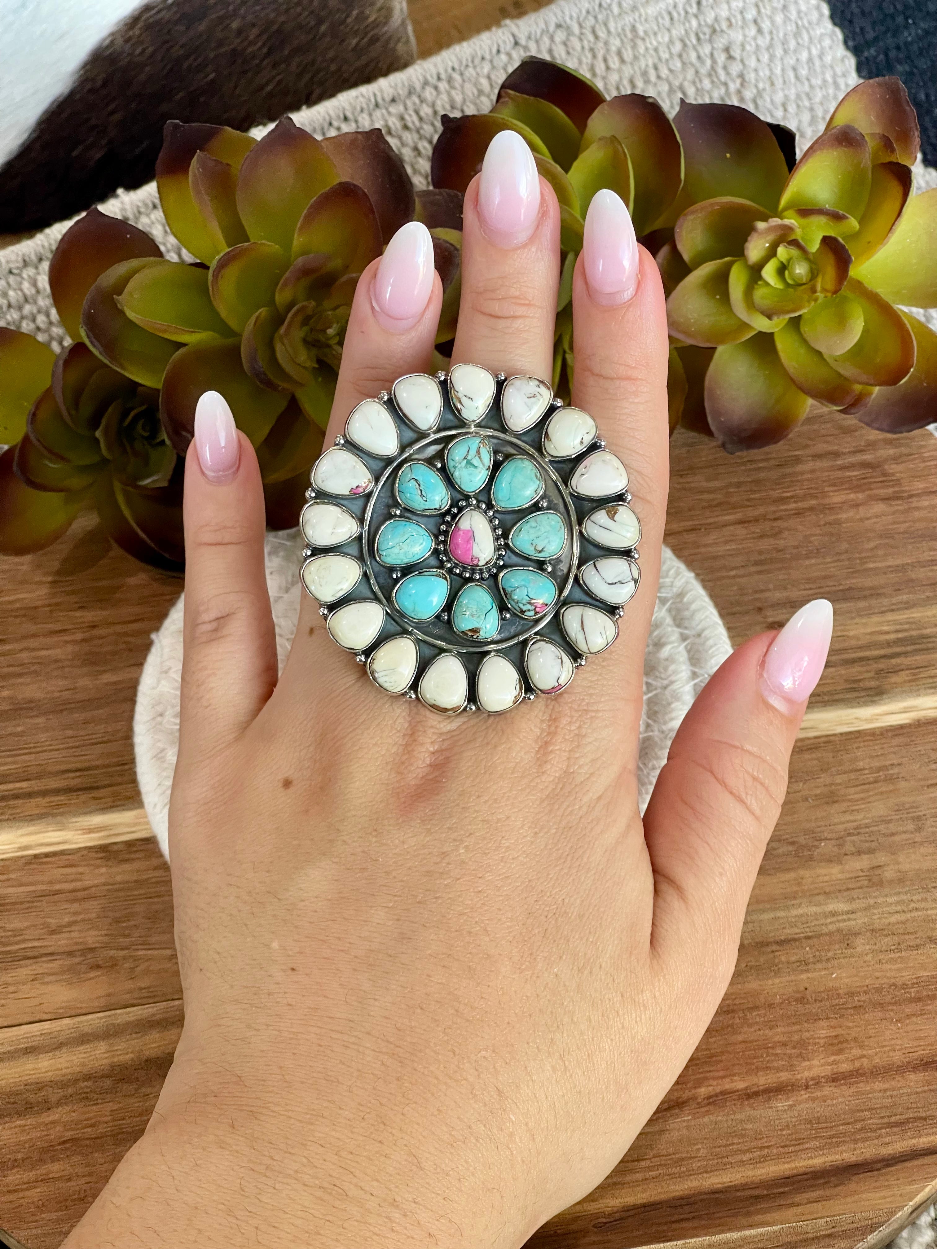 Handmade Cotton Candy Sterling Adjustable Cluster Stone Ring
