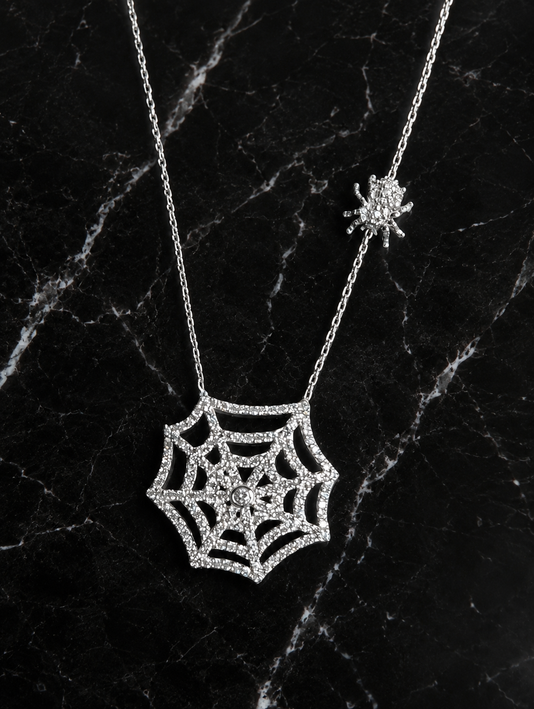 Sterling Silver CZ Spider Web Halloween Necklace