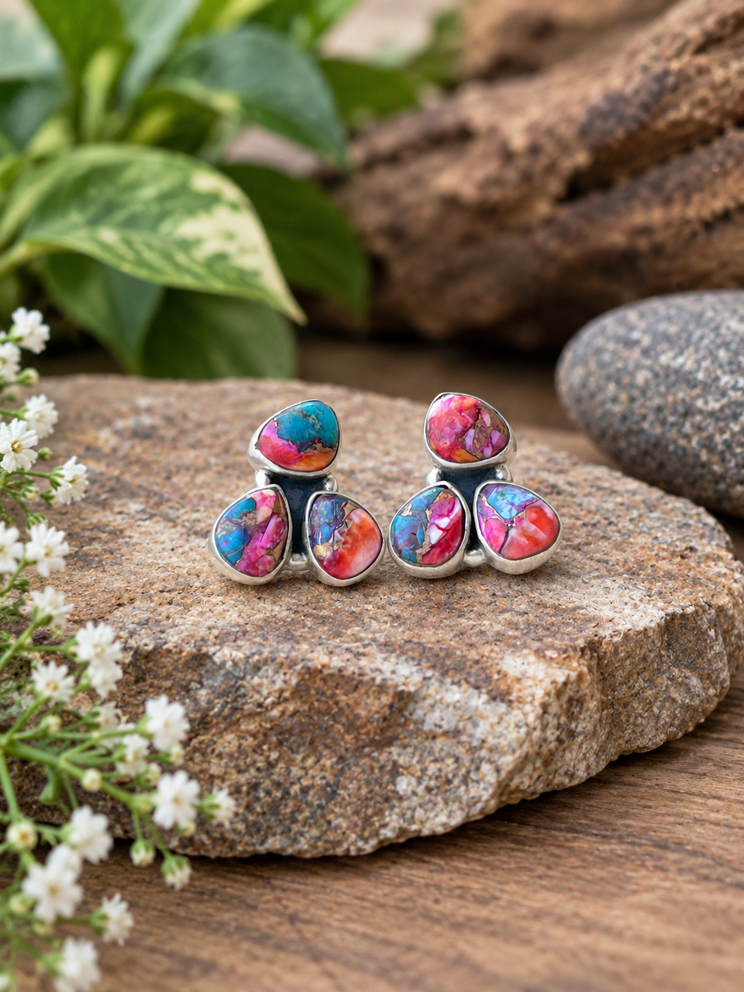 Handmade Sterling Silver Pink Dream post Studs Earrings Signed Nizhoni