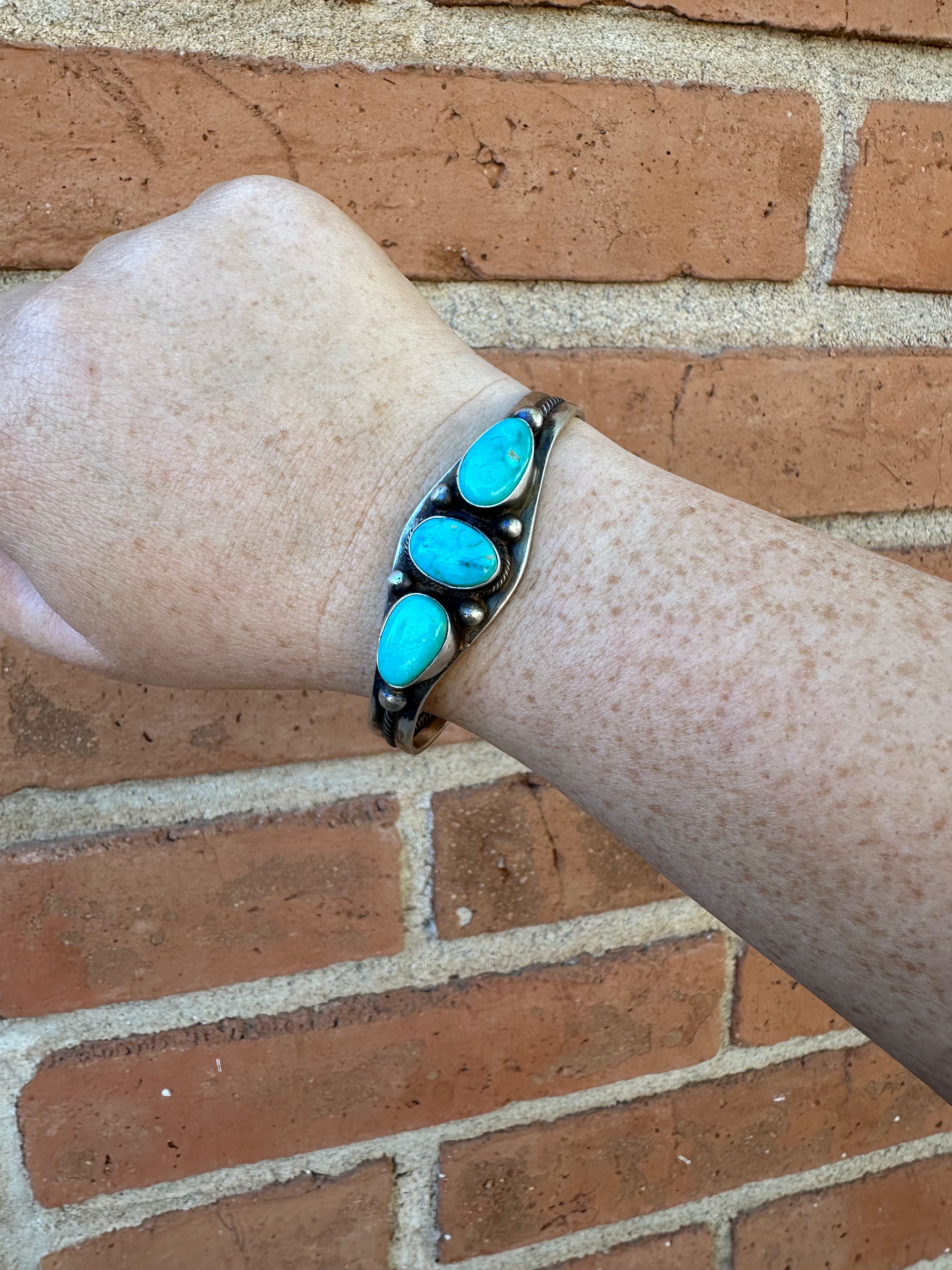 Beautiful Handcrafted Turquoise & Sterling Silver 3 Stone Cuff Bracelet Signed Kathleen G /