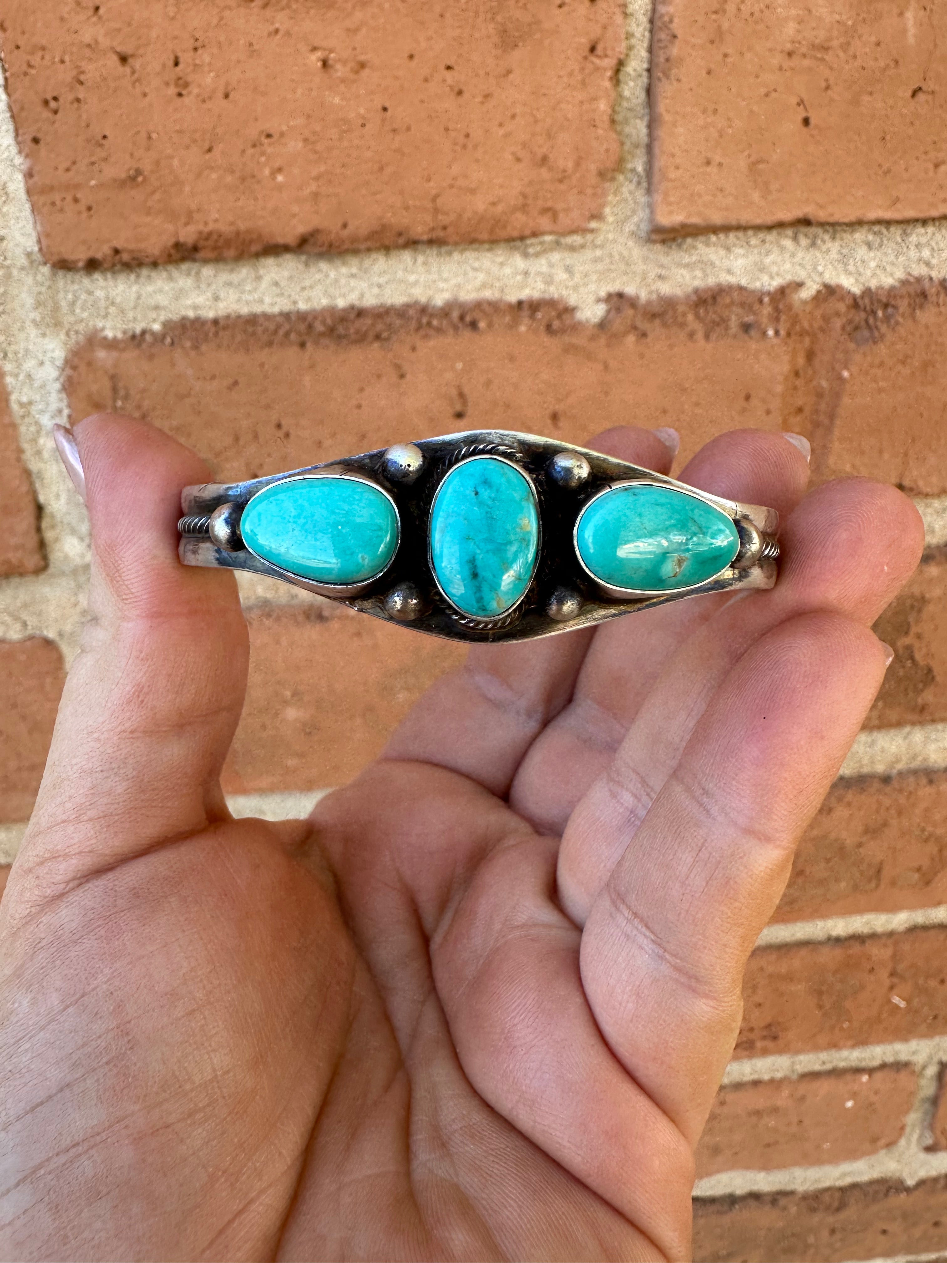 Beautiful Handcrafted Turquoise & Sterling Silver 3 Stone Cuff Bracelet Signed Kathleen G /