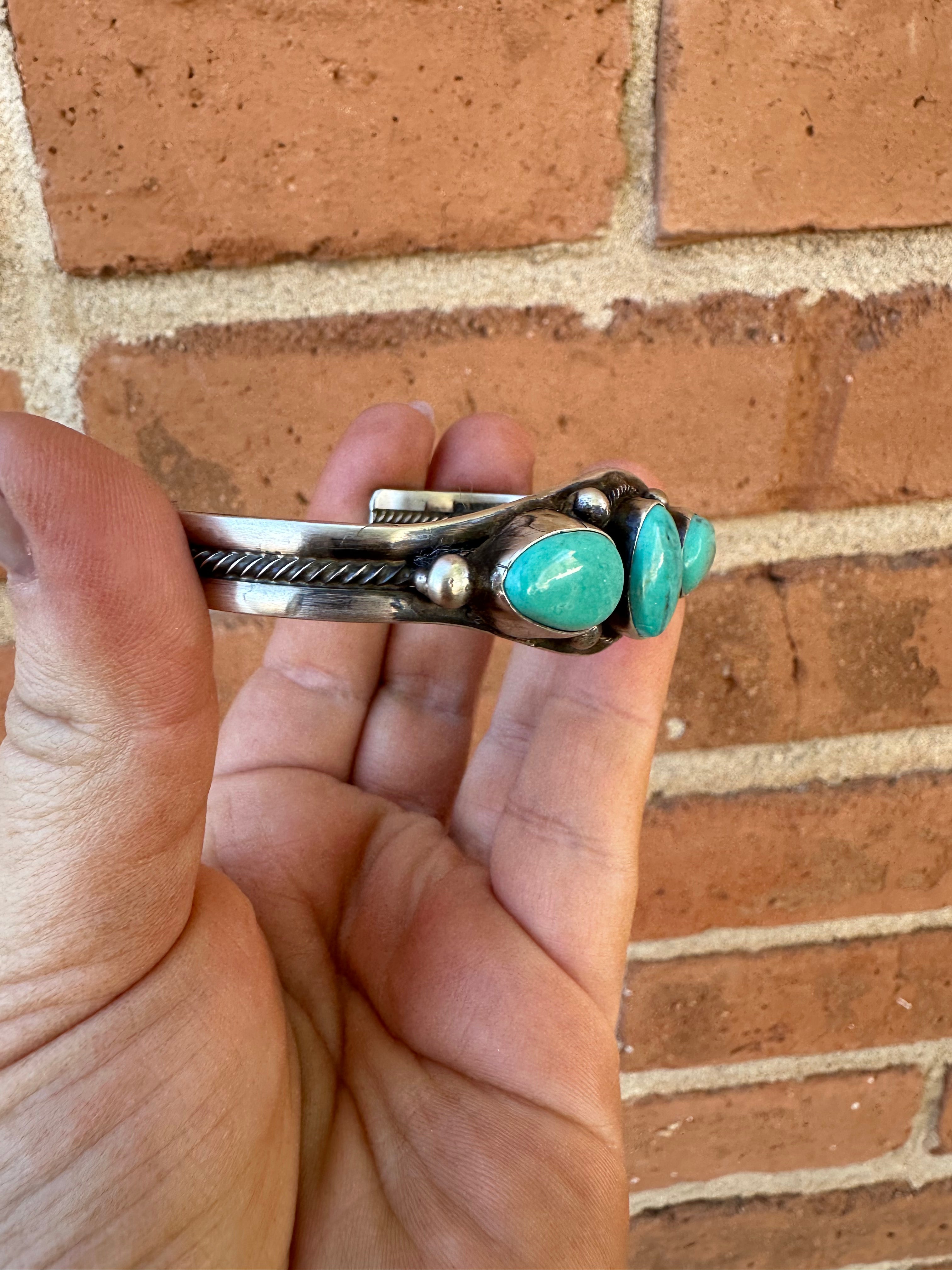 Beautiful Handcrafted Turquoise & Sterling Silver 3 Stone Cuff Bracelet Signed Kathleen G /