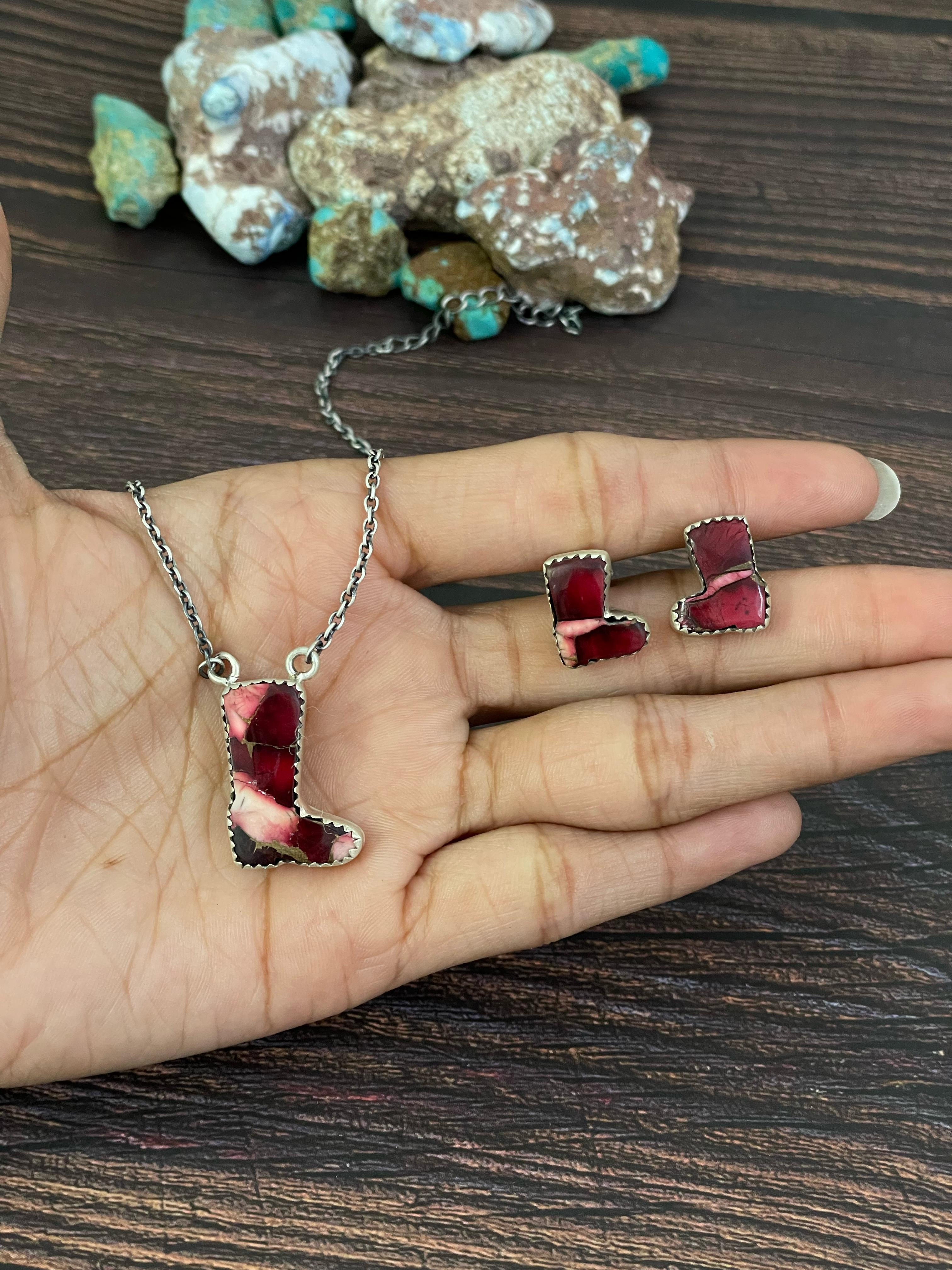 Handmade Sterling Silver Red Rose Dahlia, White Buffalo, Royston Turquoise, Kingman, Lapis Lazuli Necklace Post Earring Set, Signed Nizhoni