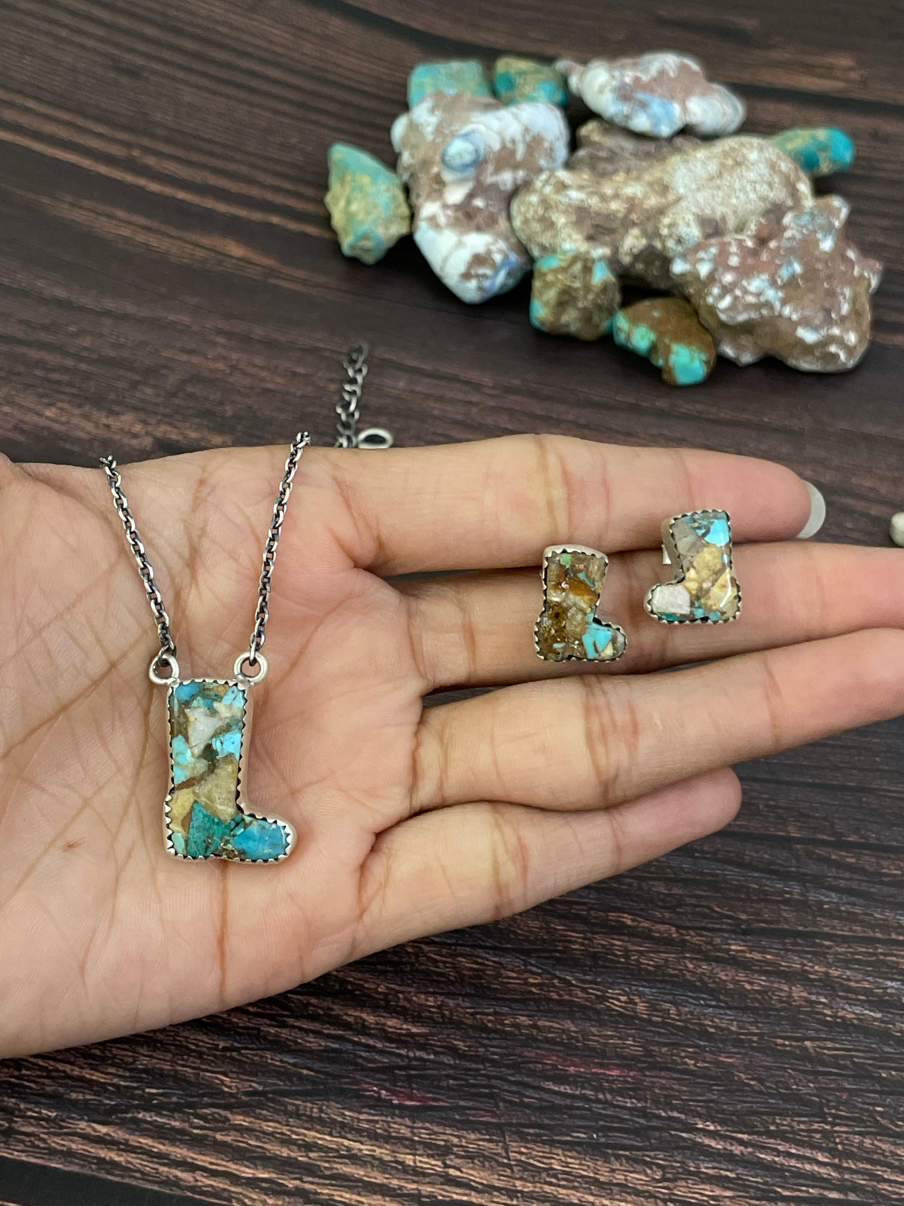 Handmade Sterling Silver Red Rose Dahlia, White Buffalo, Royston Turquoise, Kingman, Lapis Lazuli Necklace Post Earring Set, Signed Nizhoni