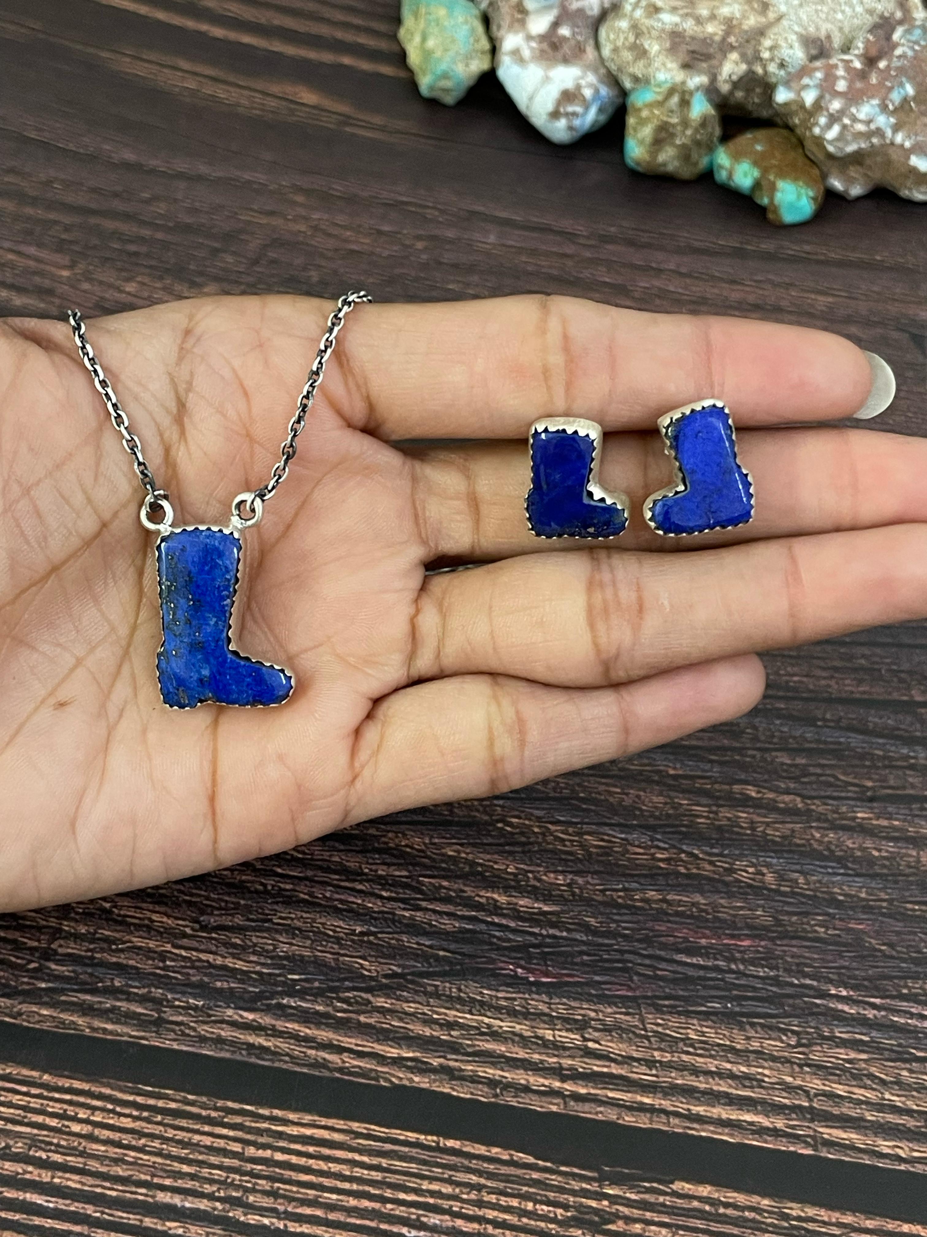 Handmade Sterling Silver Red Rose Dahlia, White Buffalo, Royston Turquoise, Kingman, Lapis Lazuli Necklace Post Earring Set, Signed Nizhoni