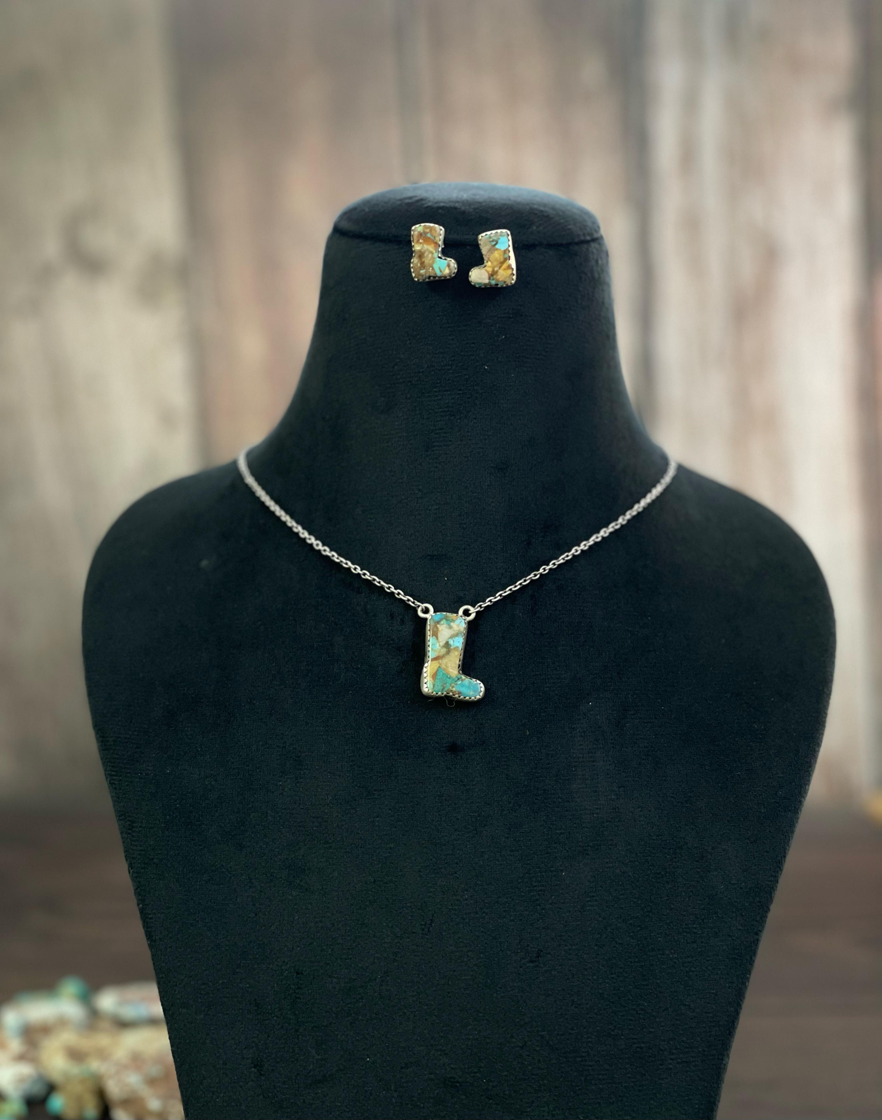 Handmade Sterling Silver Red Rose Dahlia, White Buffalo, Royston Turquoise, Kingman, Lapis Lazuli Necklace Post Earring Set, Signed Nizhoni