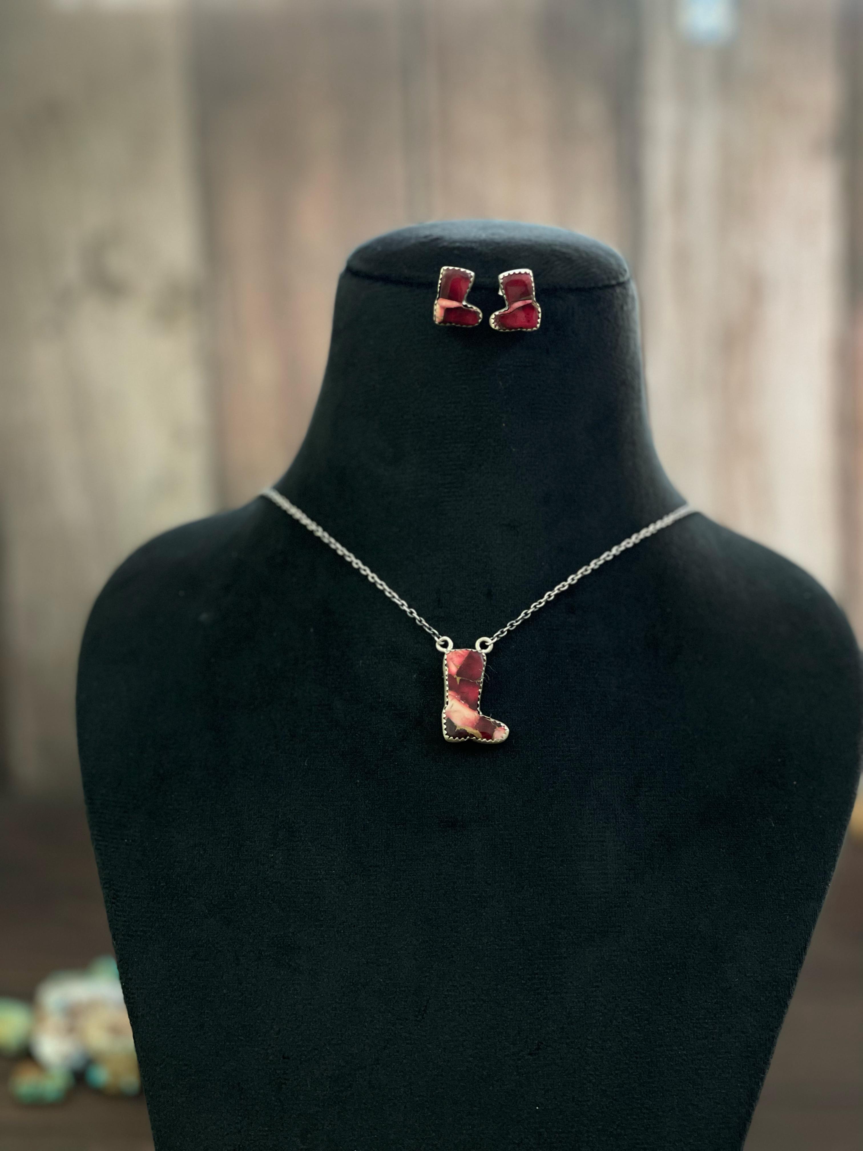 Handmade Sterling Silver Red Rose Dahlia, White Buffalo, Royston Turquoise, Kingman, Lapis Lazuli Necklace Post Earring Set, Signed Nizhoni