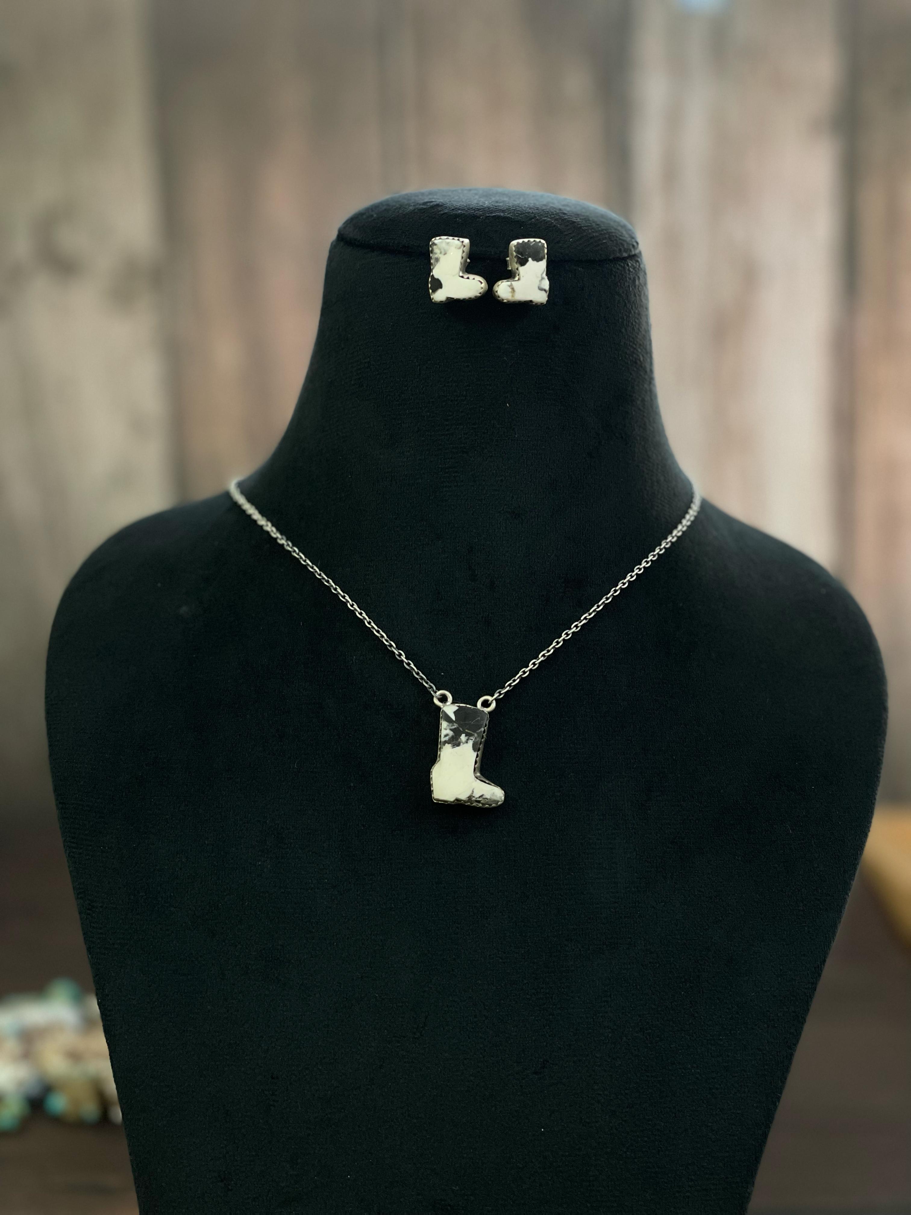 Handmade Sterling Silver Red Rose Dahlia, White Buffalo, Royston Turquoise, Kingman, Lapis Lazuli Necklace Post Earring Set, Signed Nizhoni