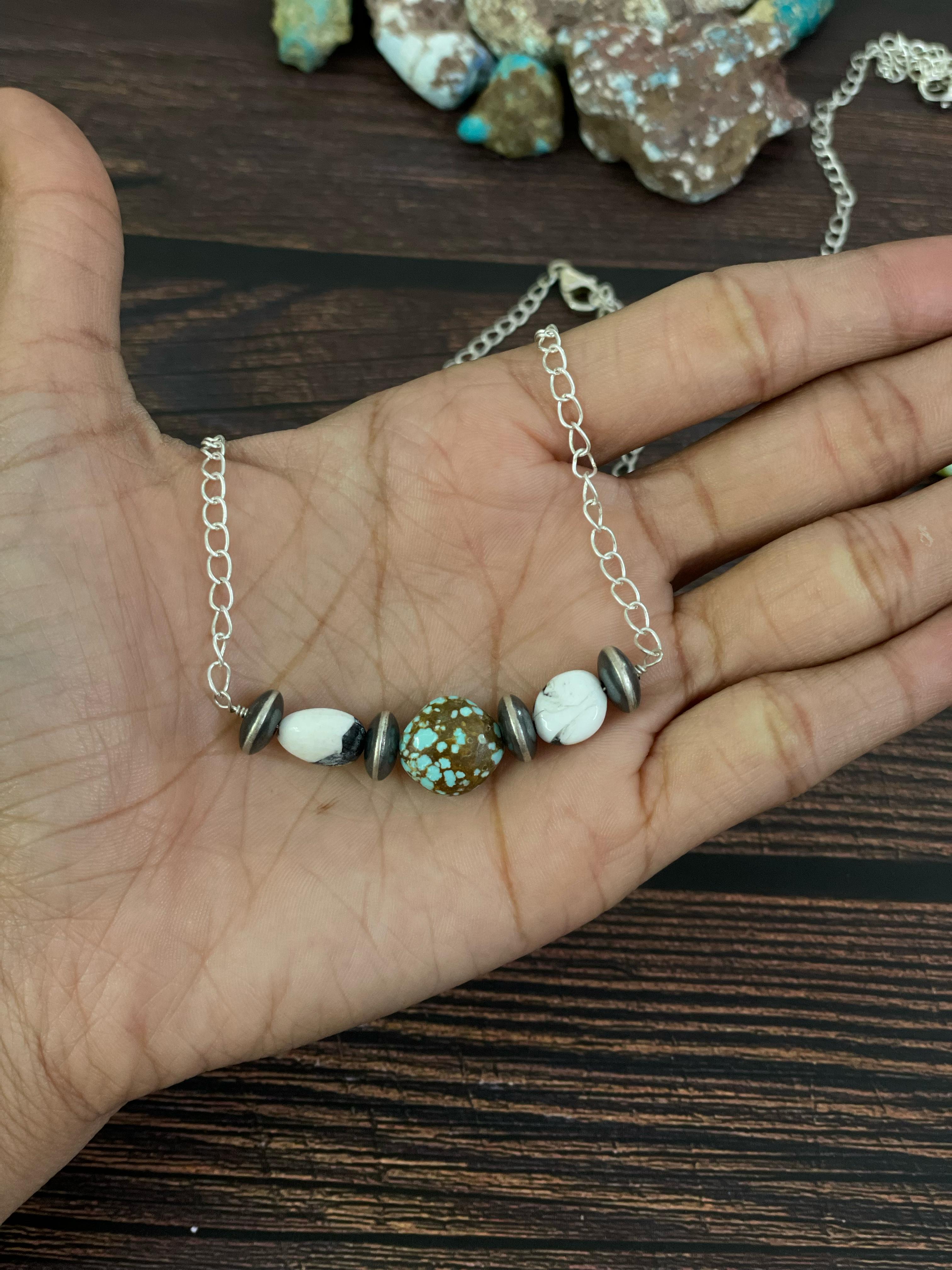 Handmade Sterling Silver Paloma, No.8, Sonoran, with White Buffalo Turquoise Necklace, Signed Nizhoni