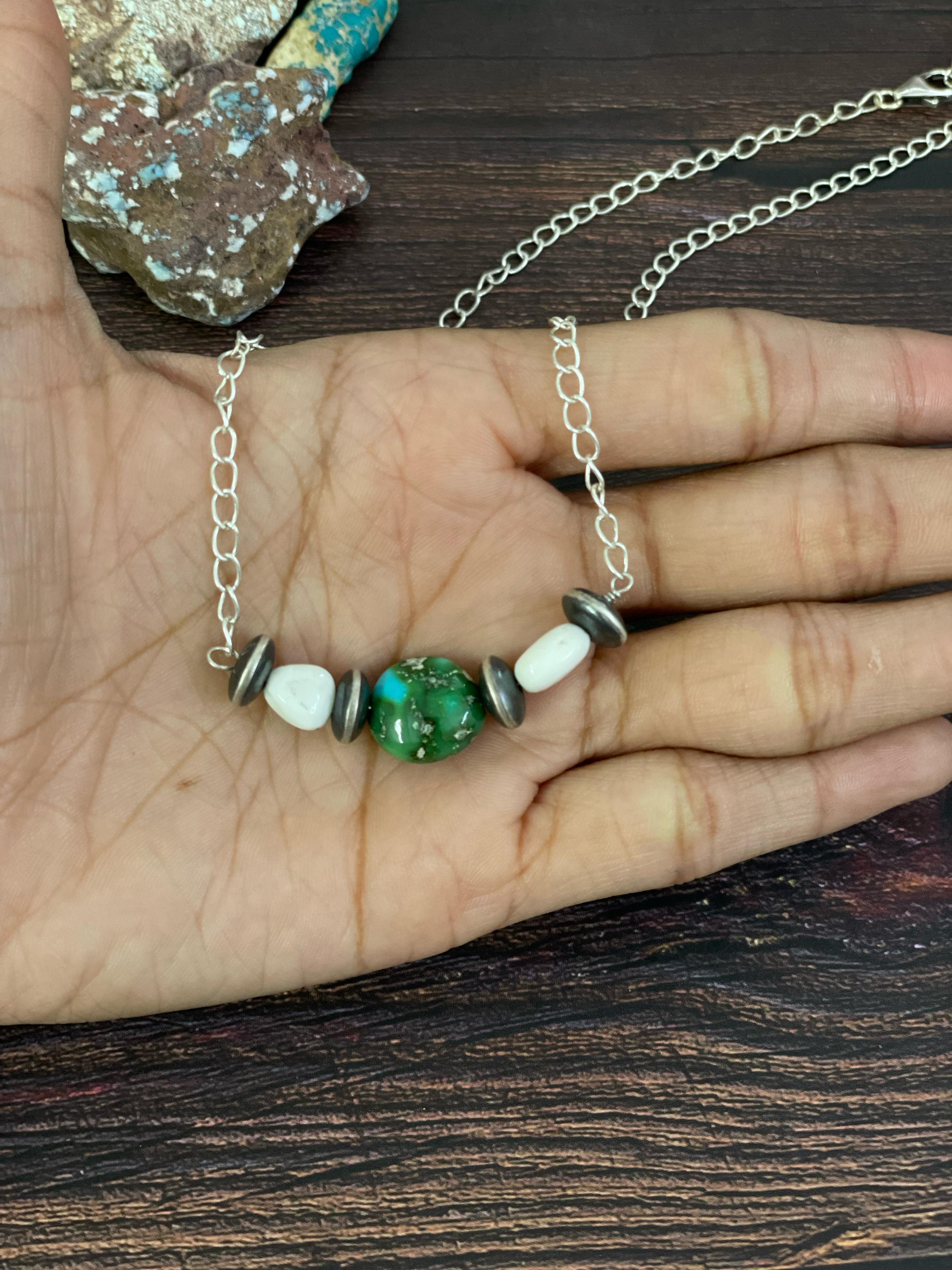 Handmade Sterling Silver Paloma, No.8, Sonoran, with White Buffalo Turquoise Necklace, Signed Nizhoni