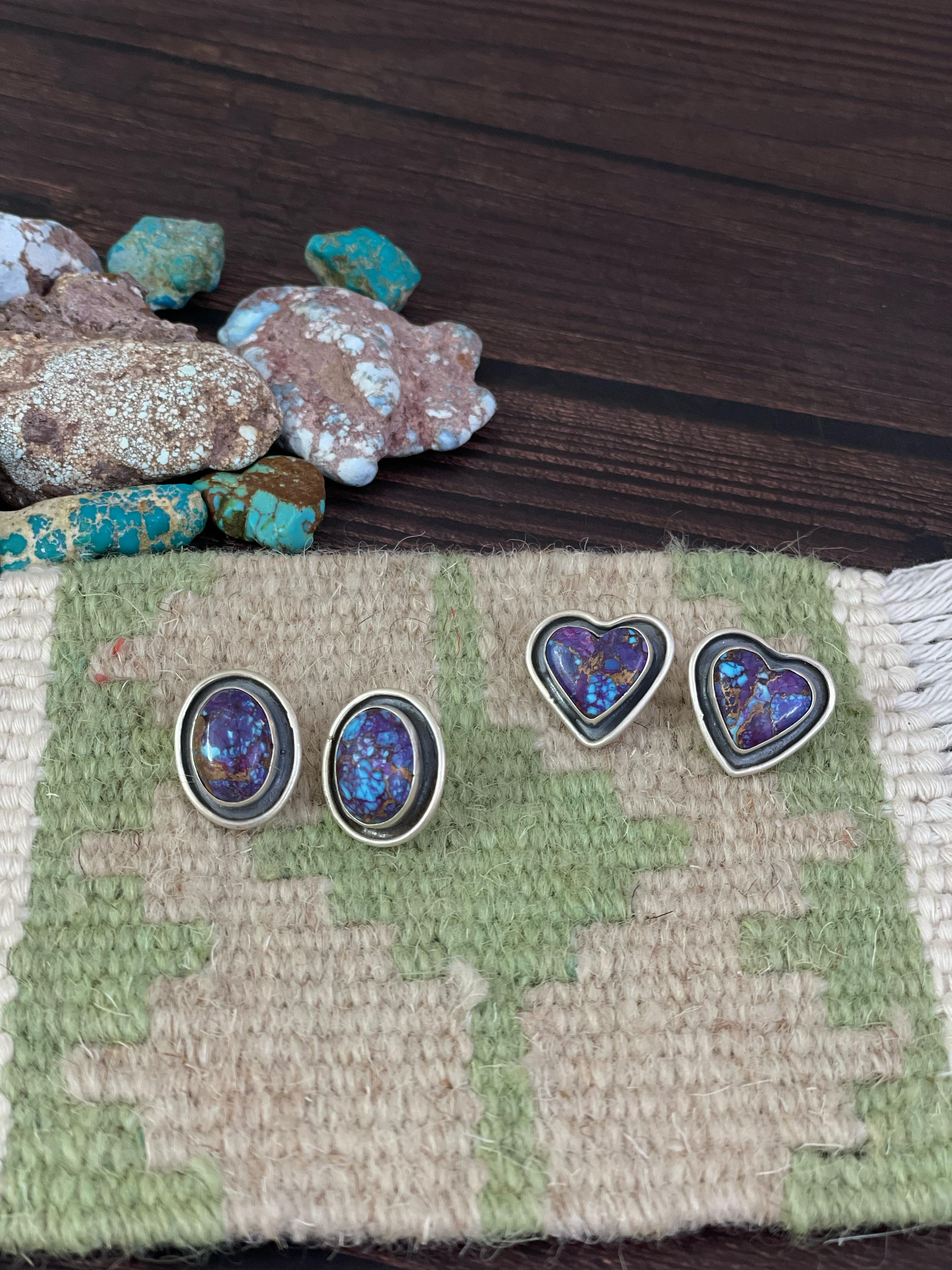 Handmade Sterling Silver Purple Copper Turquoise Post Earrings, Signed Nizhoni