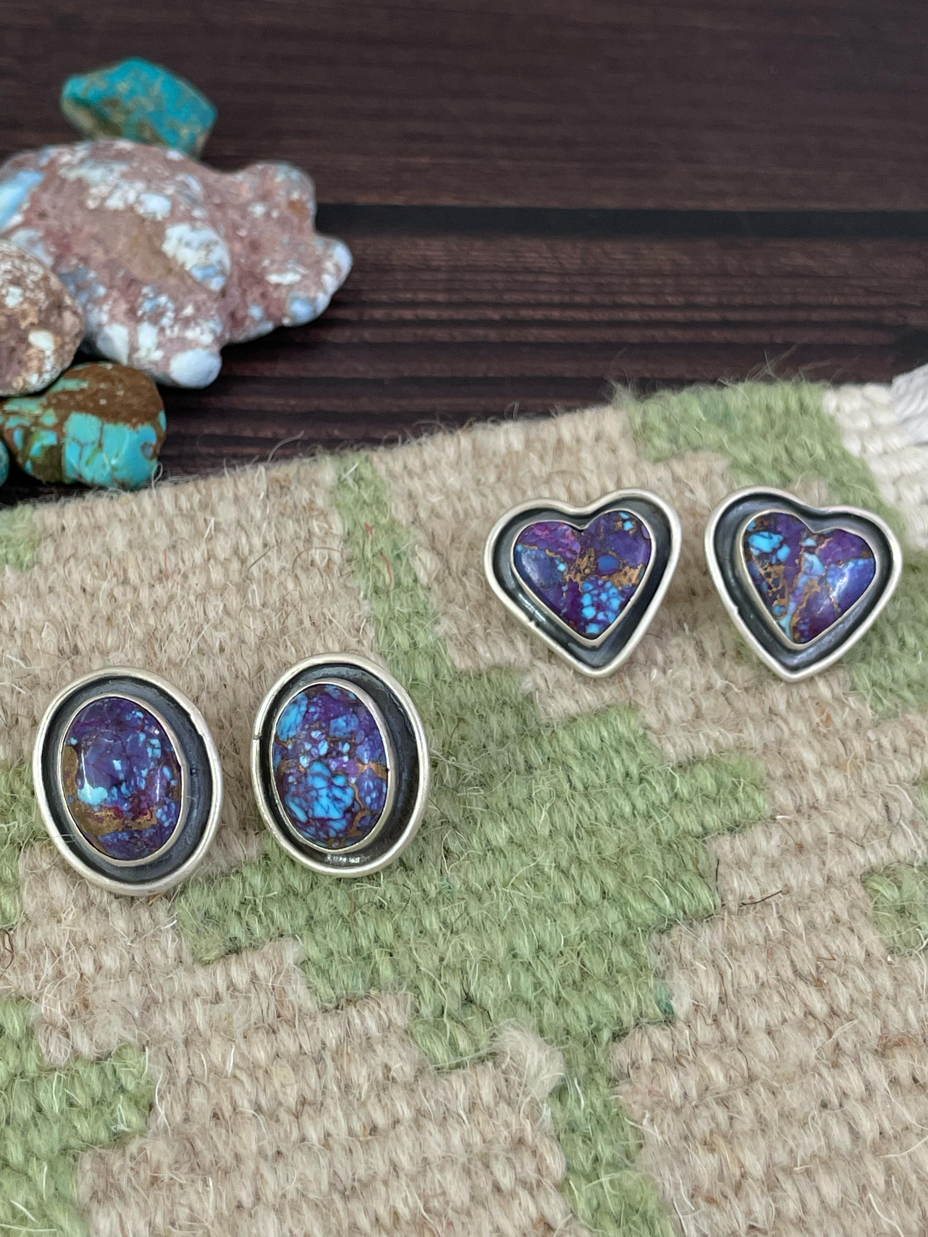 Handmade Sterling Silver Purple Copper Turquoise Post Earrings, Signed Nizhoni