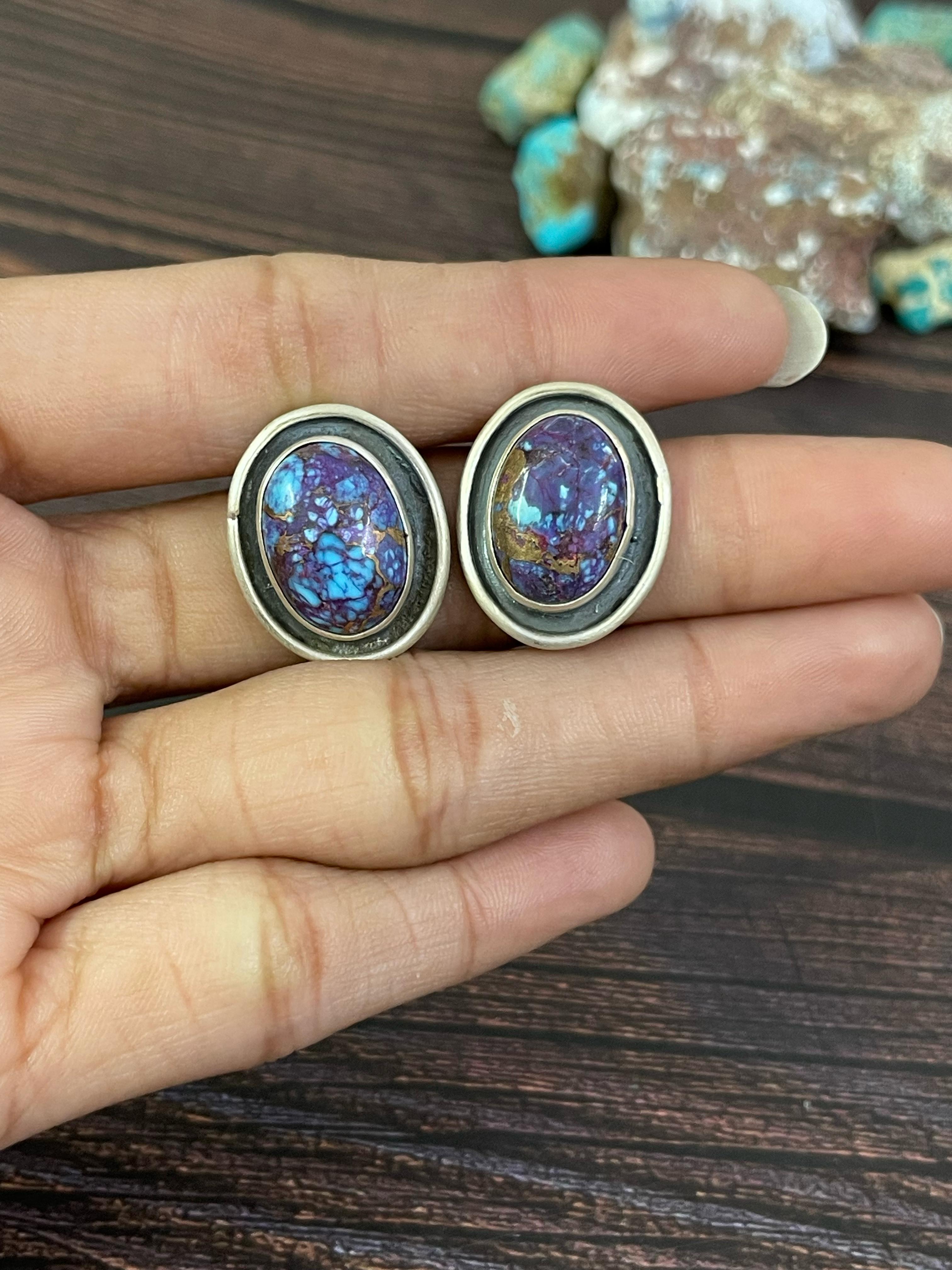 Handmade Sterling Silver Purple Copper Turquoise Post Earrings, Signed Nizhoni