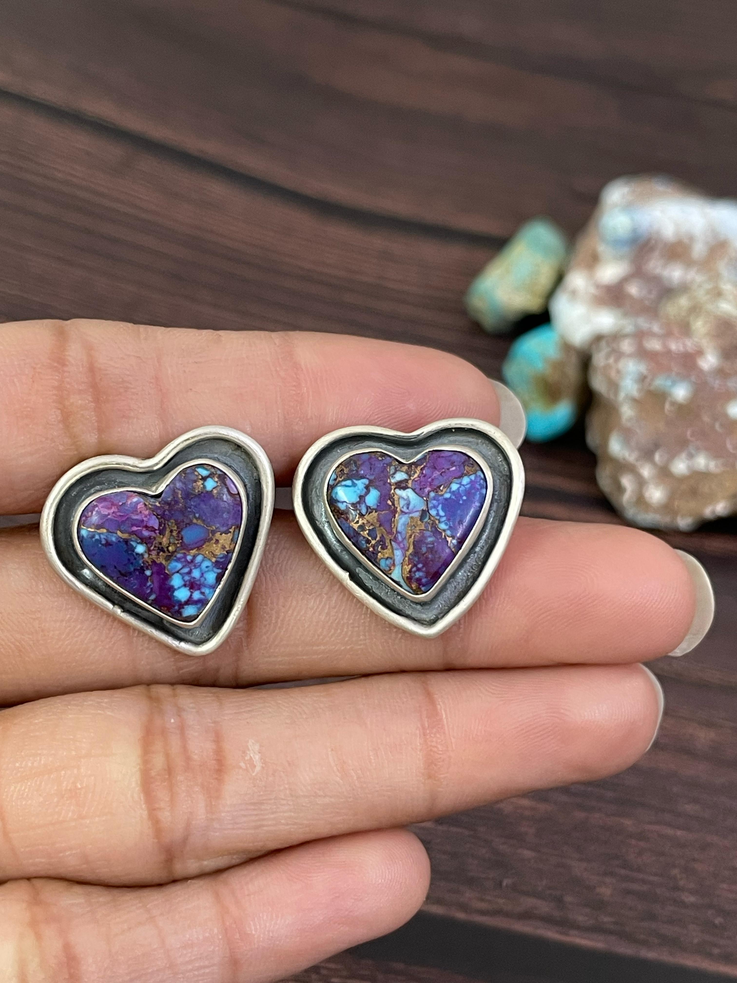 Handmade Sterling Silver Purple Copper Turquoise Post Earrings, Signed Nizhoni