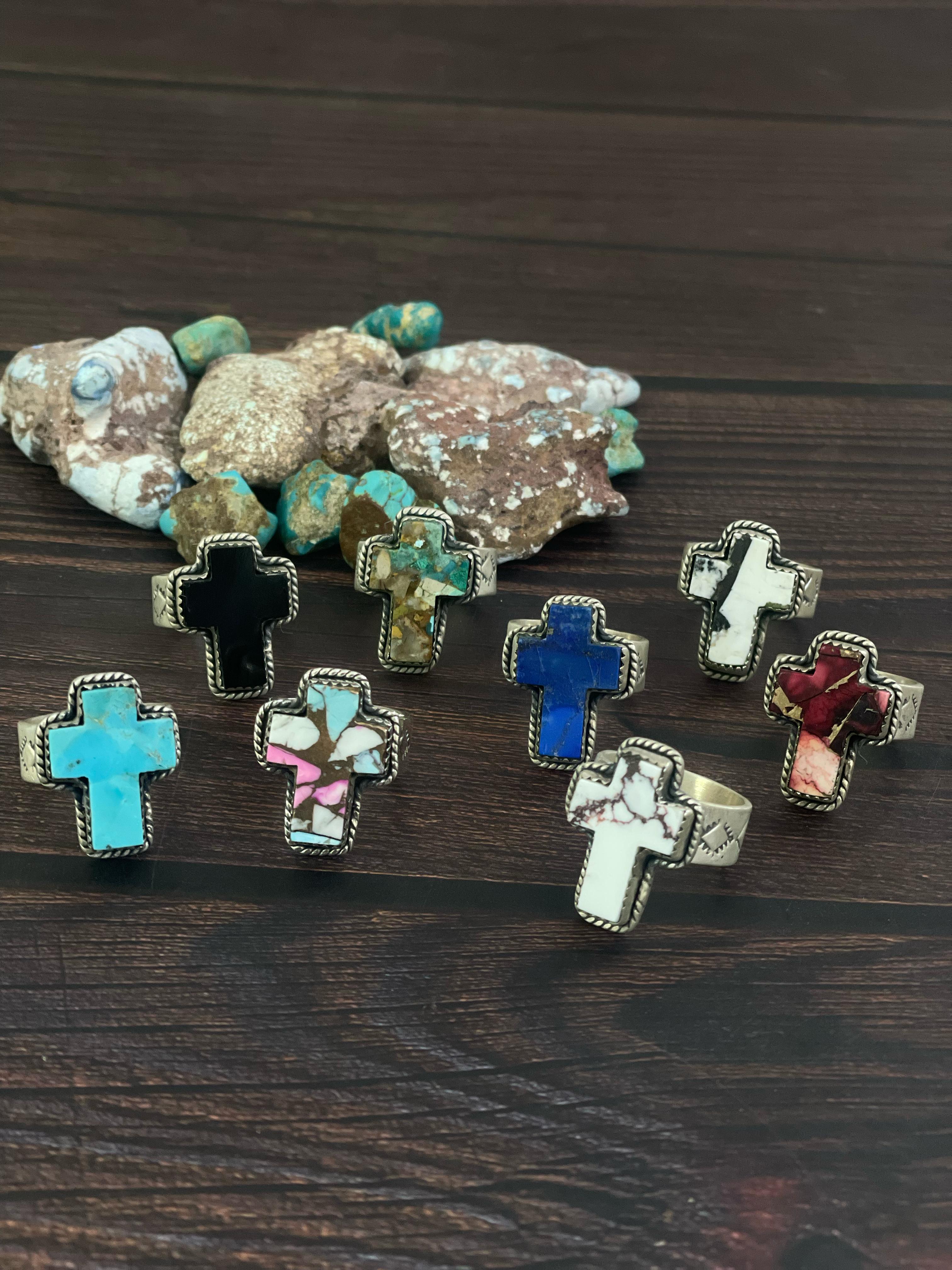 Handmade Sterling Silver Multi Stones Adjustable Cross Rings, Signed Nizhoni