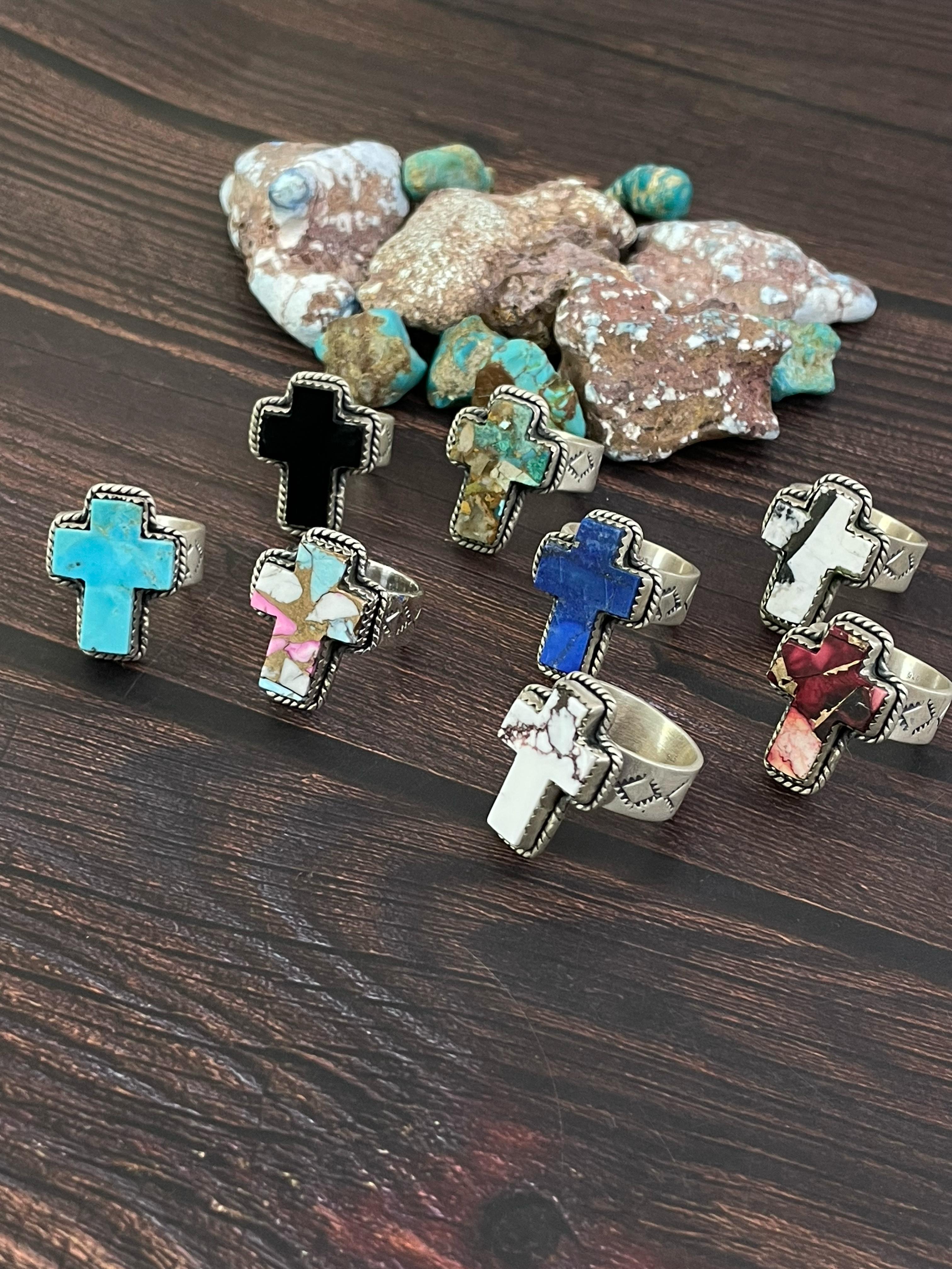 Handmade Sterling Silver Multi Stones Adjustable Cross Rings, Signed Nizhoni