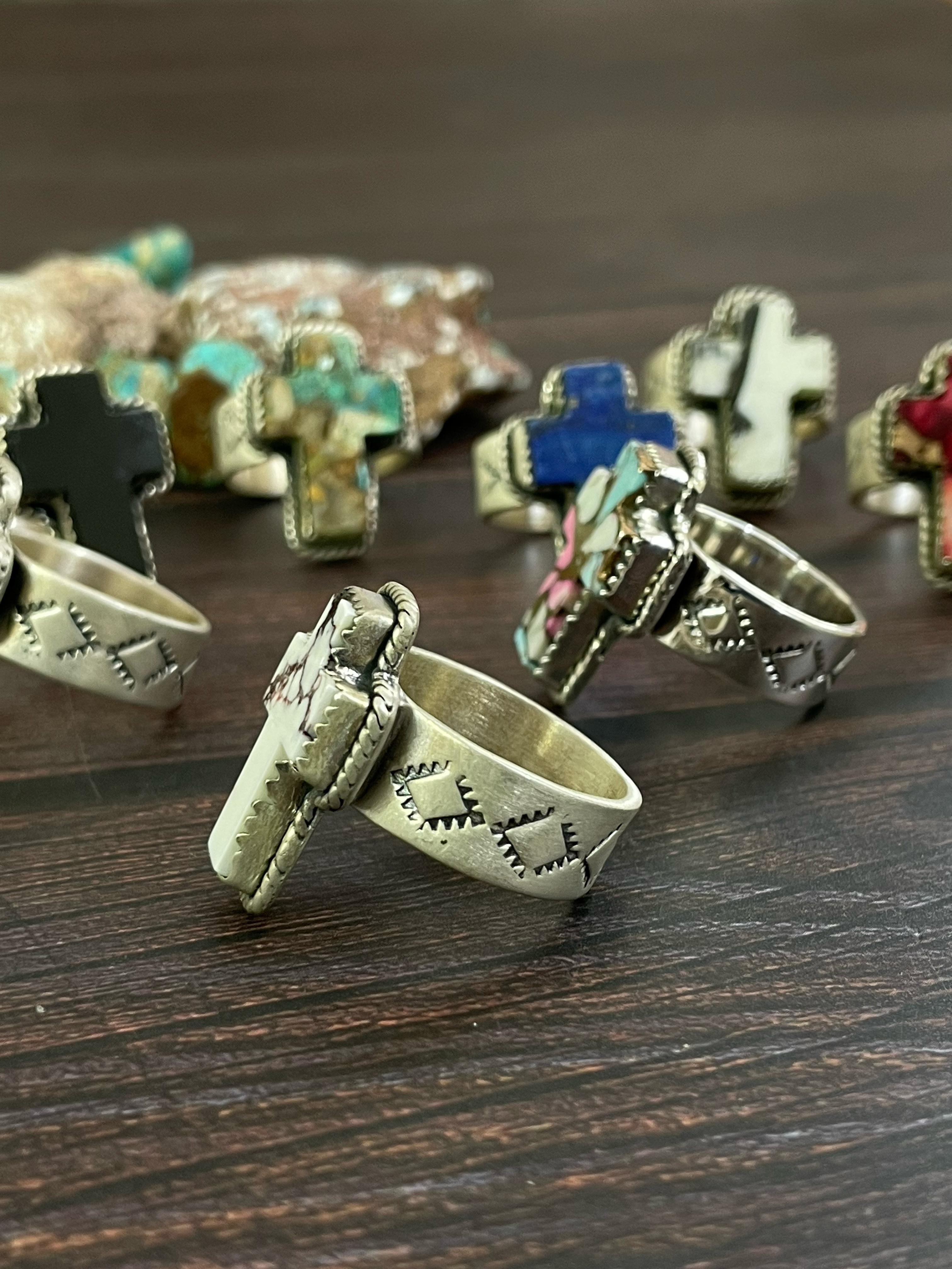 Handmade Sterling Silver Multi Stones Adjustable Cross Rings, Signed Nizhoni