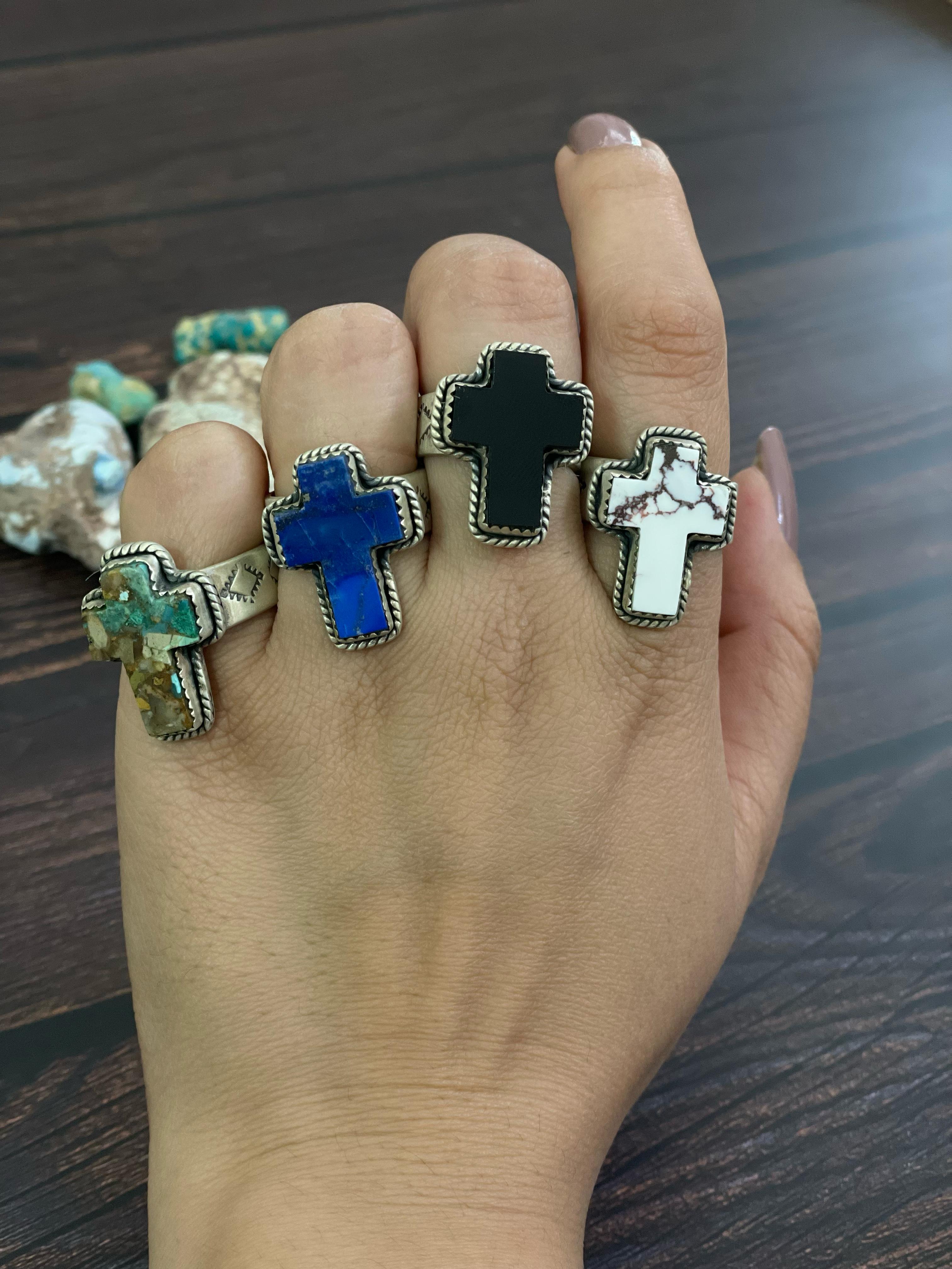 Handmade Sterling Silver Multi Stones Adjustable Cross Rings, Signed Nizhoni