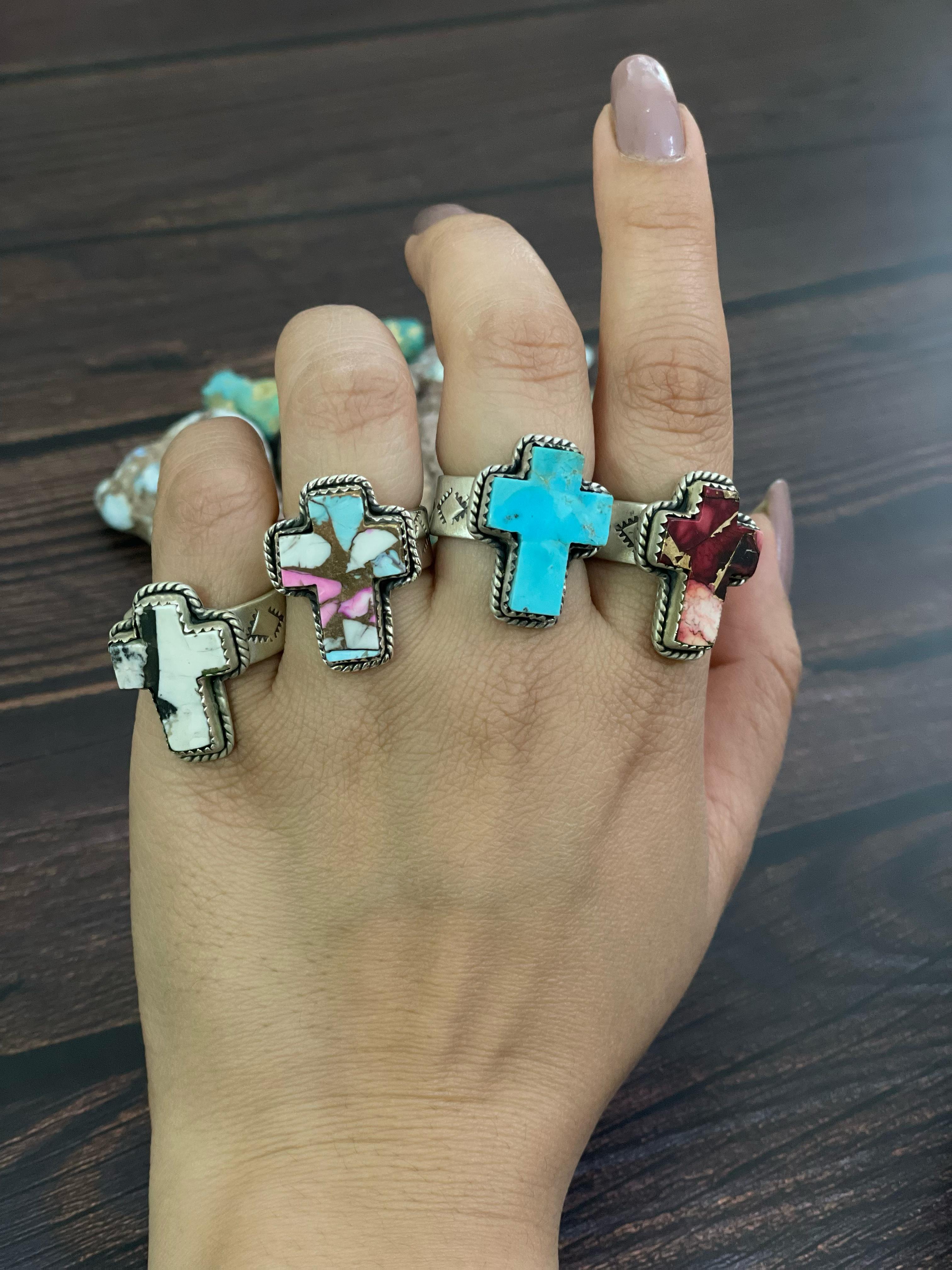 Handmade Sterling Silver Multi Stones Adjustable Cross Rings, Signed Nizhoni