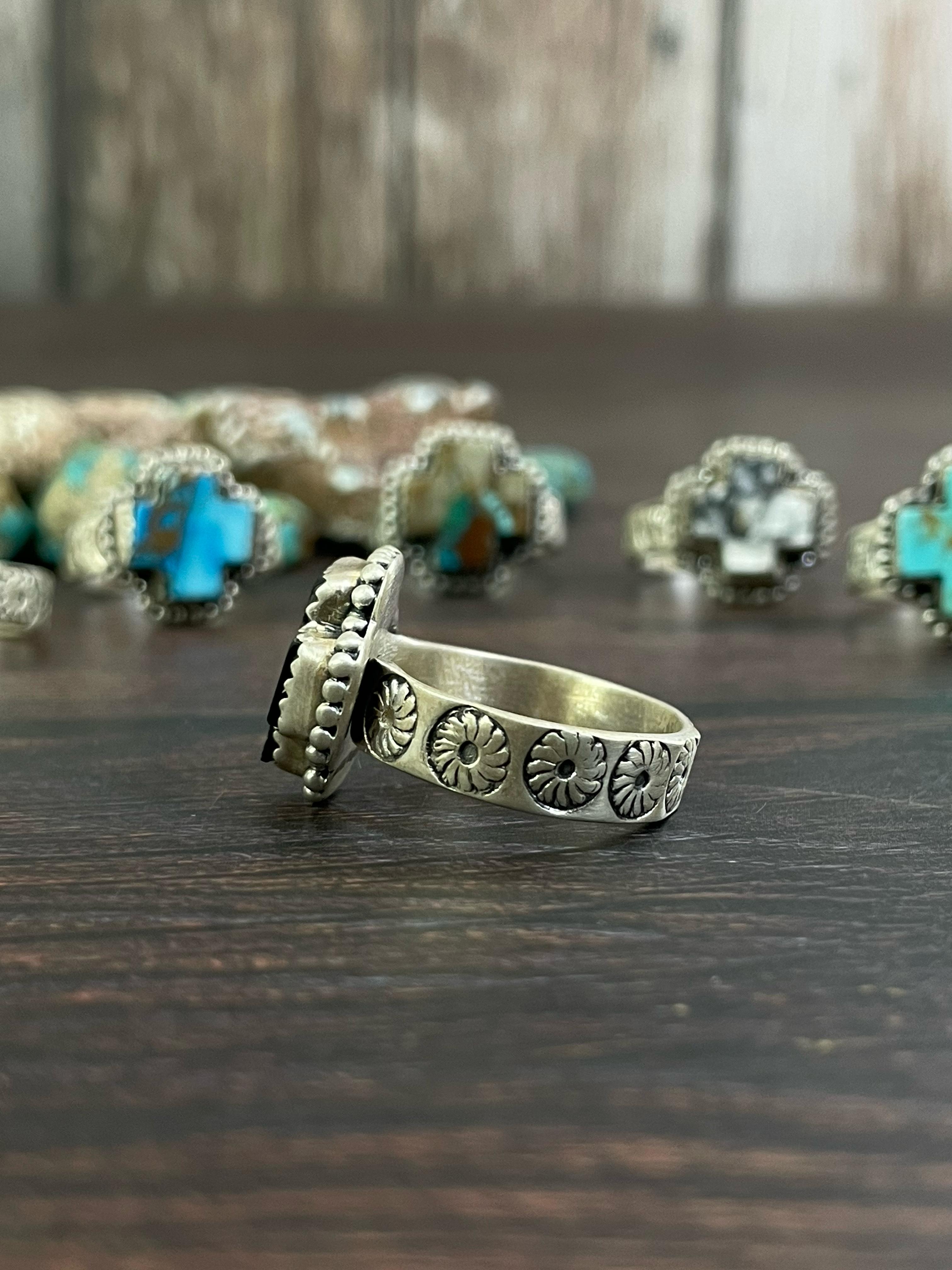 Handmade Sterling Silver White Buffalo, Black onyx, Golden Ice Blue, Royston, Dahlia Violet, Kingman Turquoise Adjustable Cross Ring, Signed Nizhoni