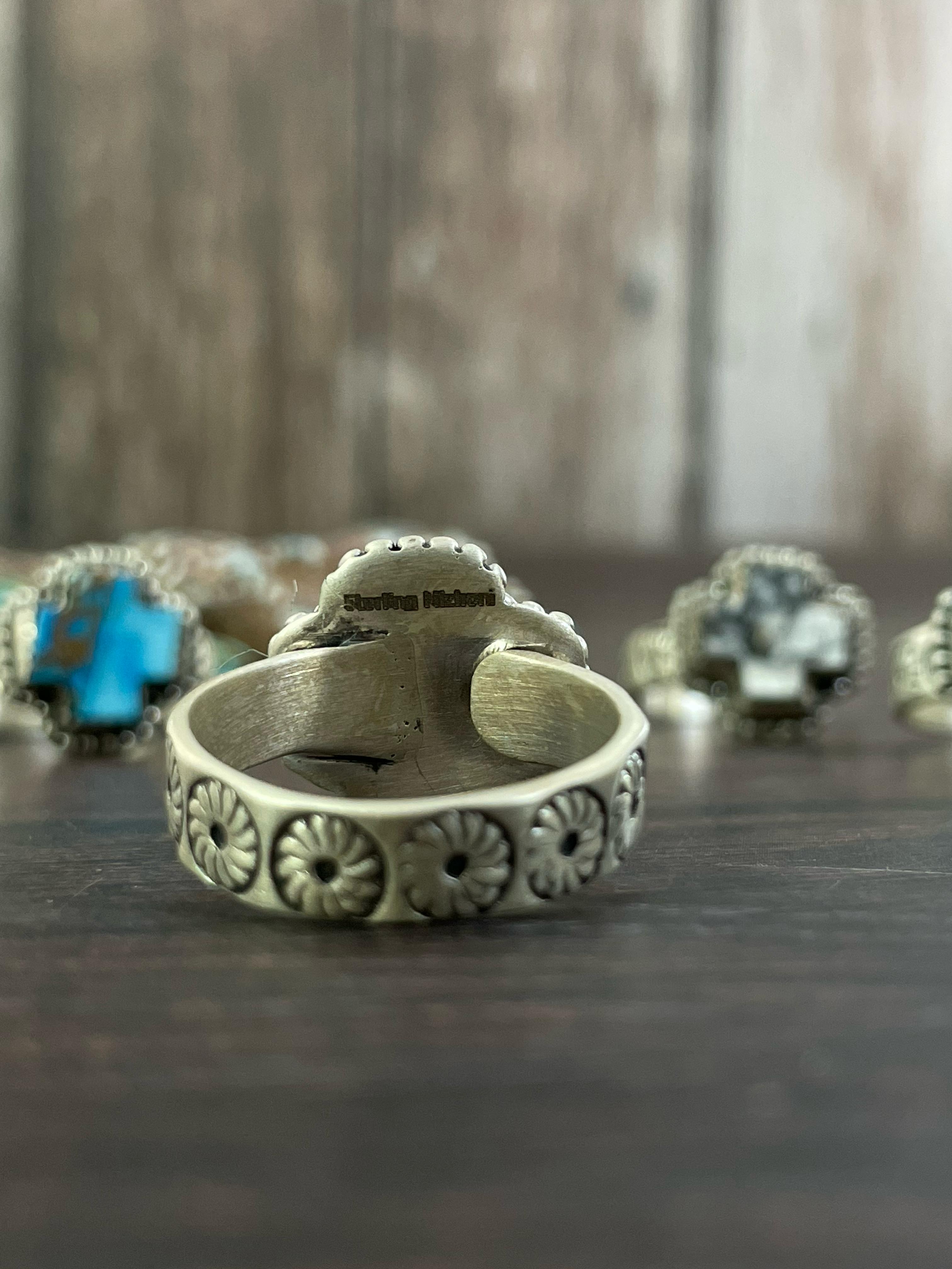 Handmade Sterling Silver White Buffalo, Black onyx, Golden Ice Blue, Royston, Dahlia Violet, Kingman Turquoise Adjustable Cross Ring, Signed Nizhoni