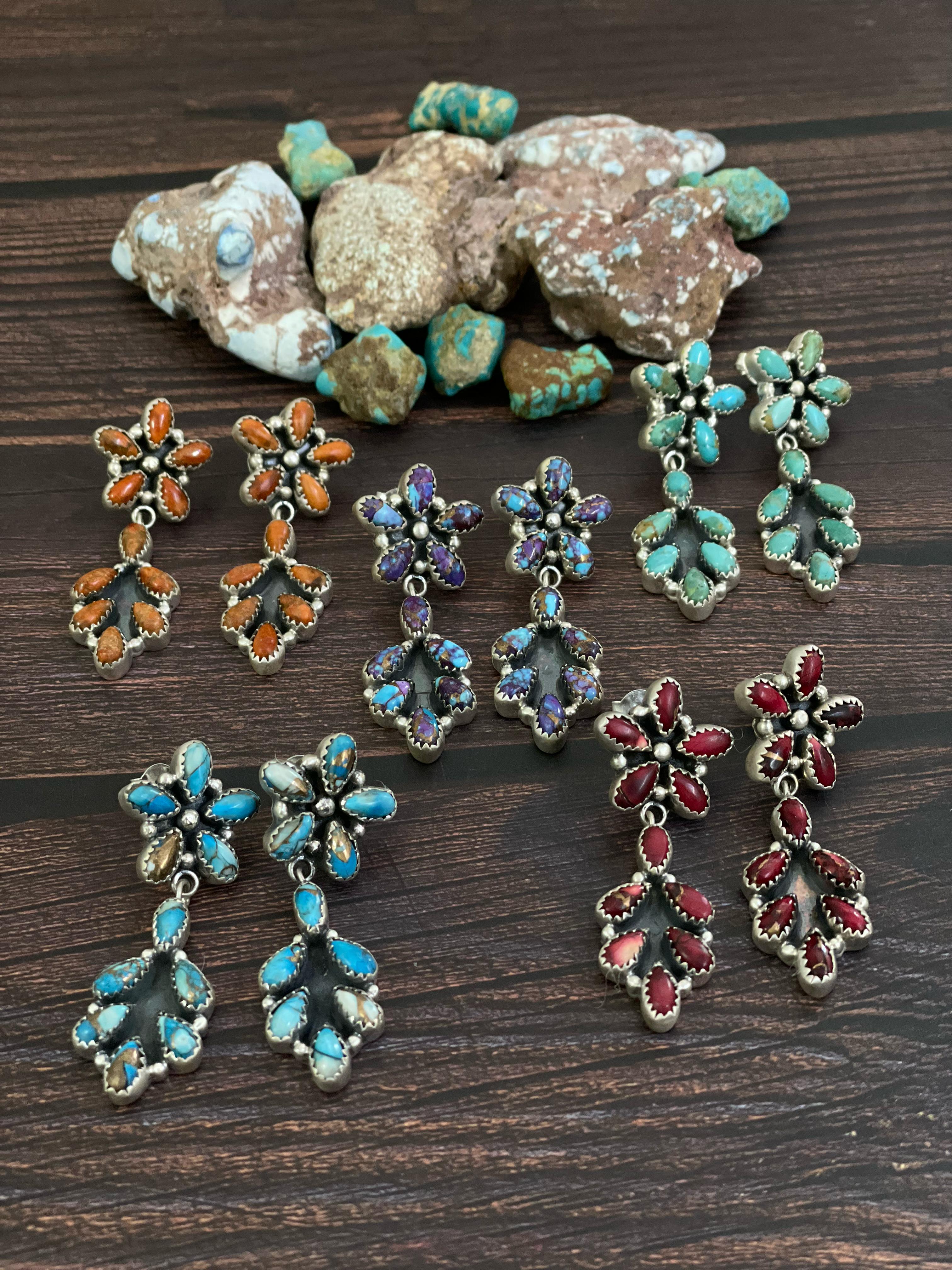 Handmade Sterling Silver Red Rose Dahlia, Kingman, Purple Mojave, Golden Blue Dahlia, Orange Mojave Post Earrings, Signed Nizhoni