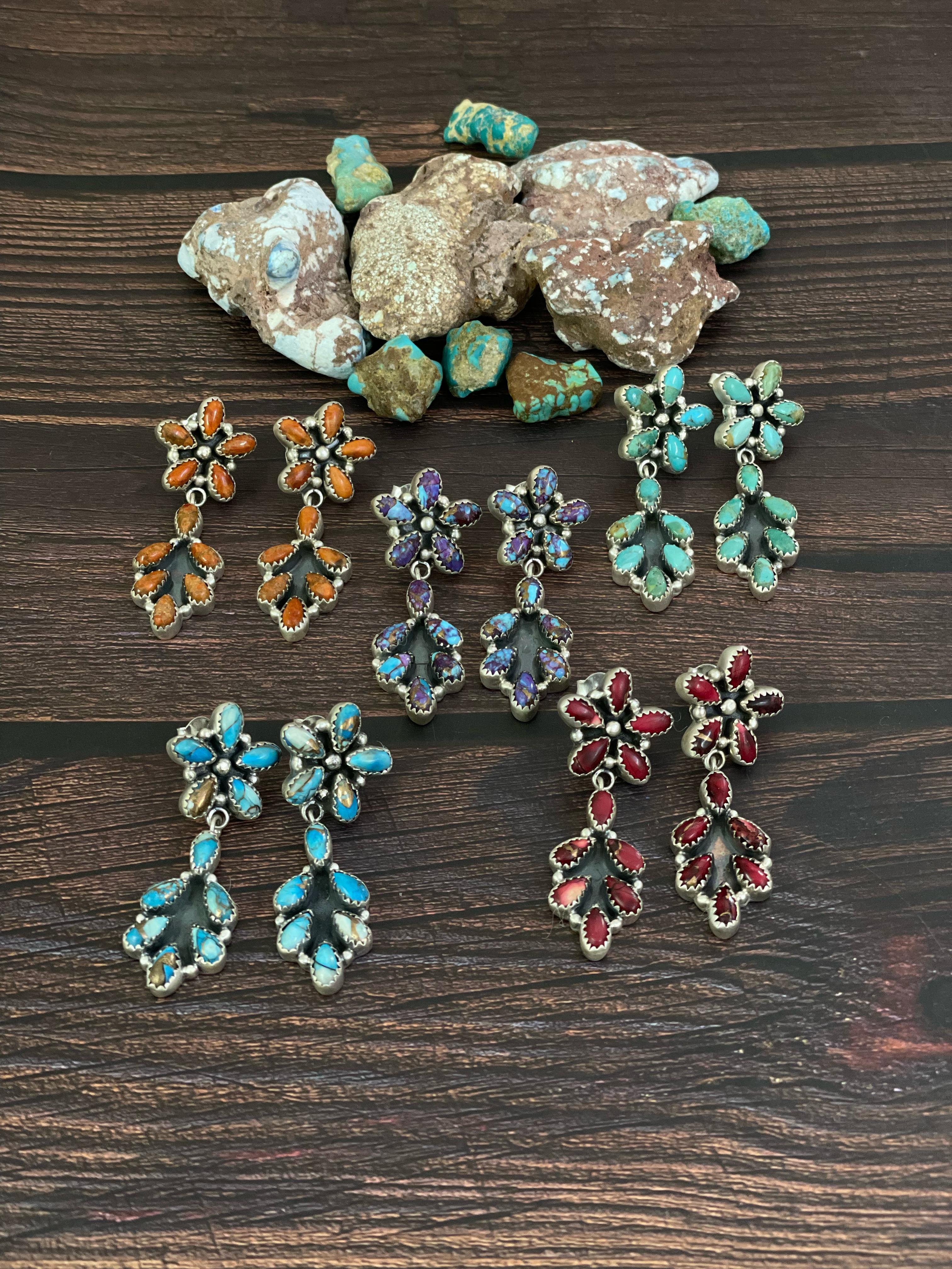 Handmade Sterling Silver Red Rose Dahlia, Kingman, Purple Mojave, Golden Blue Dahlia, Orange Mojave Post Earrings, Signed Nizhoni