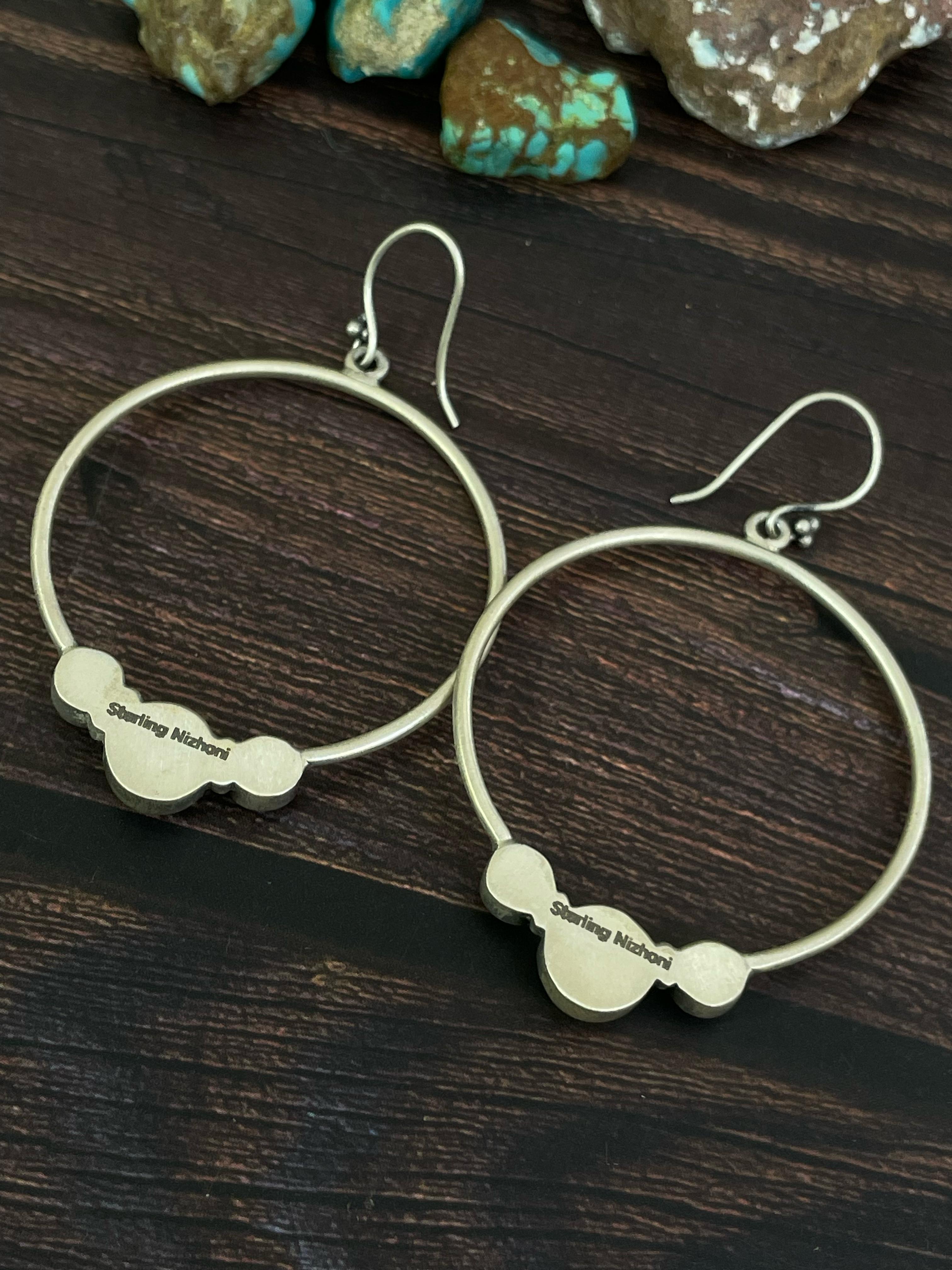 Handmade Sterling Silver Kingman Turquoise and Black Onyx Dangle Earrings, Signed Nizhoni