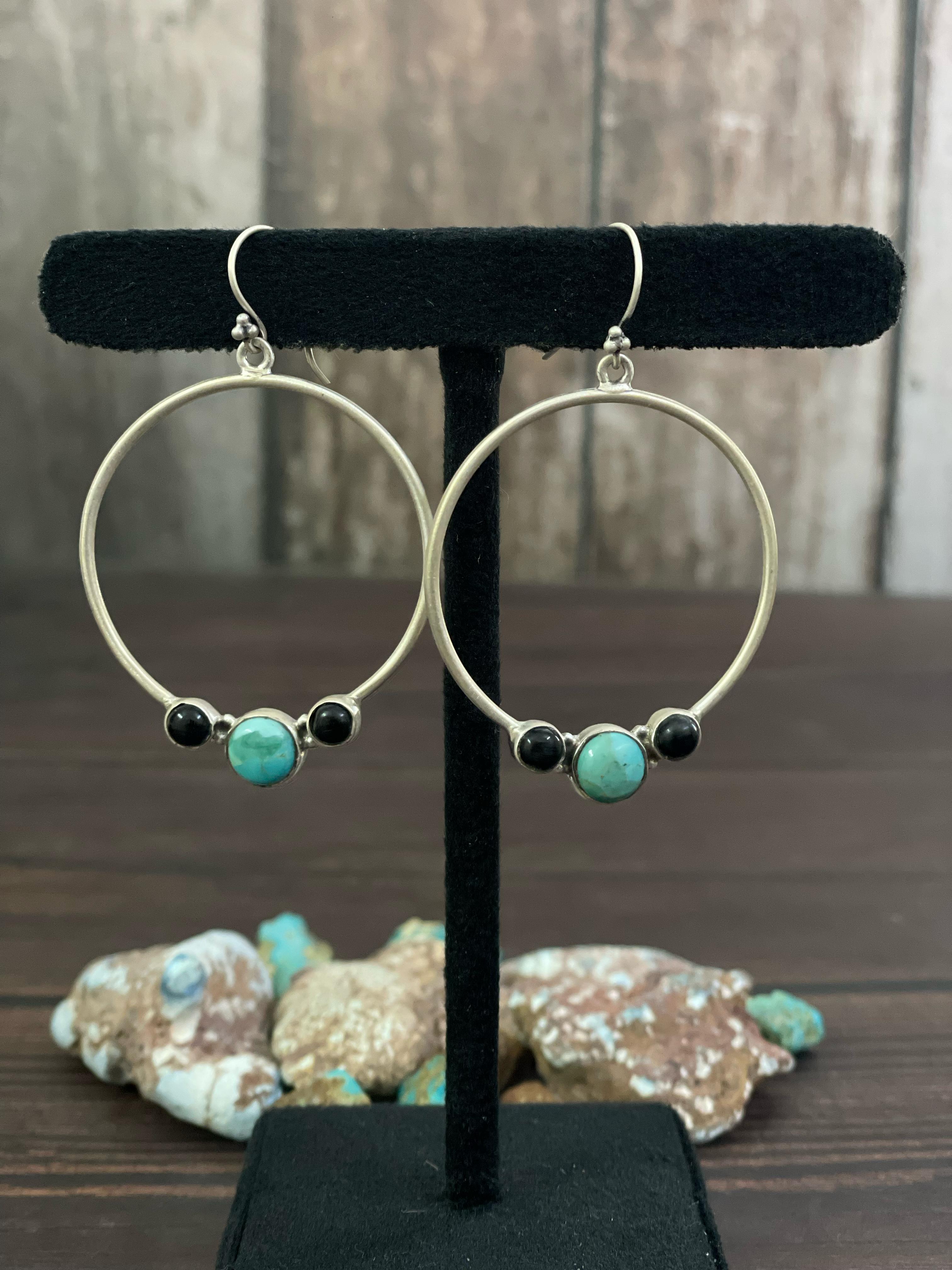 Handmade Sterling Silver Kingman Turquoise and Black Onyx Dangle Earrings, Signed Nizhoni
