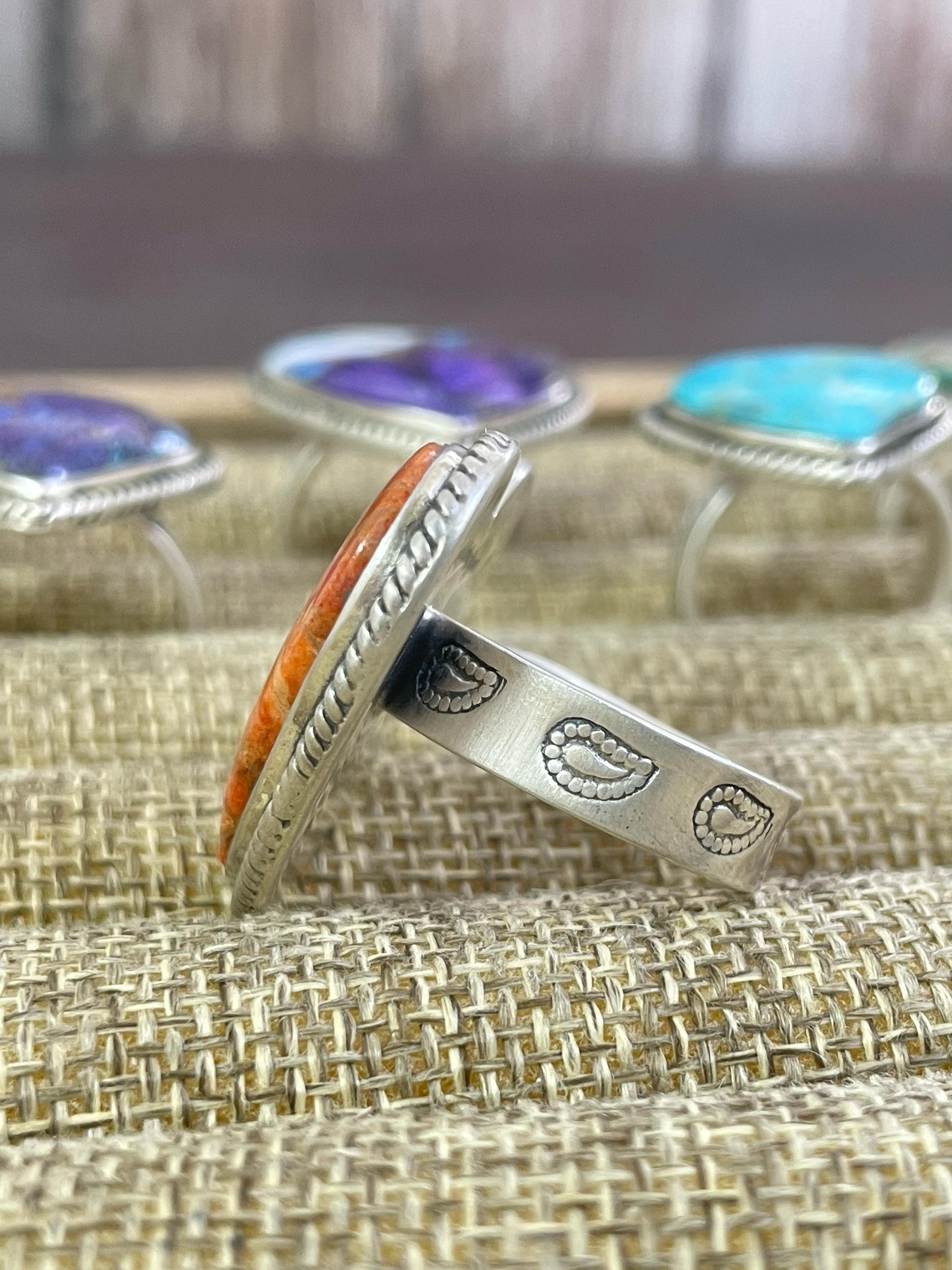 Handmade Sterling Silver Matrix Royston, Purple Copper Turquoise, Kingman Turquoise, Dahlia Rose Violet and Orange Moajve Ring, Signed Nizhoni