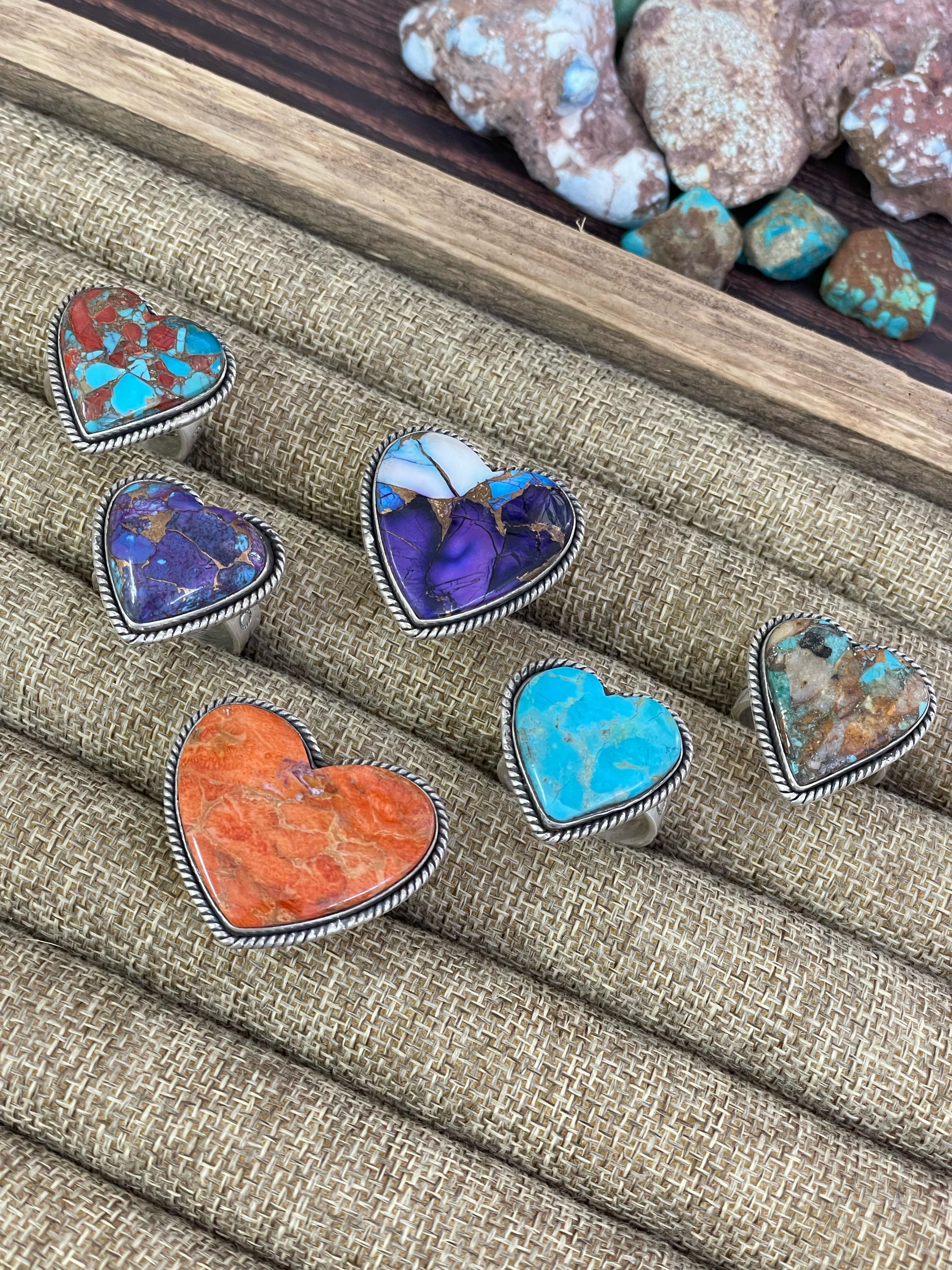 Handmade Sterling Silver Matrix Royston, Purple Copper Turquoise, Kingman Turquoise, Dahlia Rose Violet and Orange Moajve Ring, Signed Nizhoni