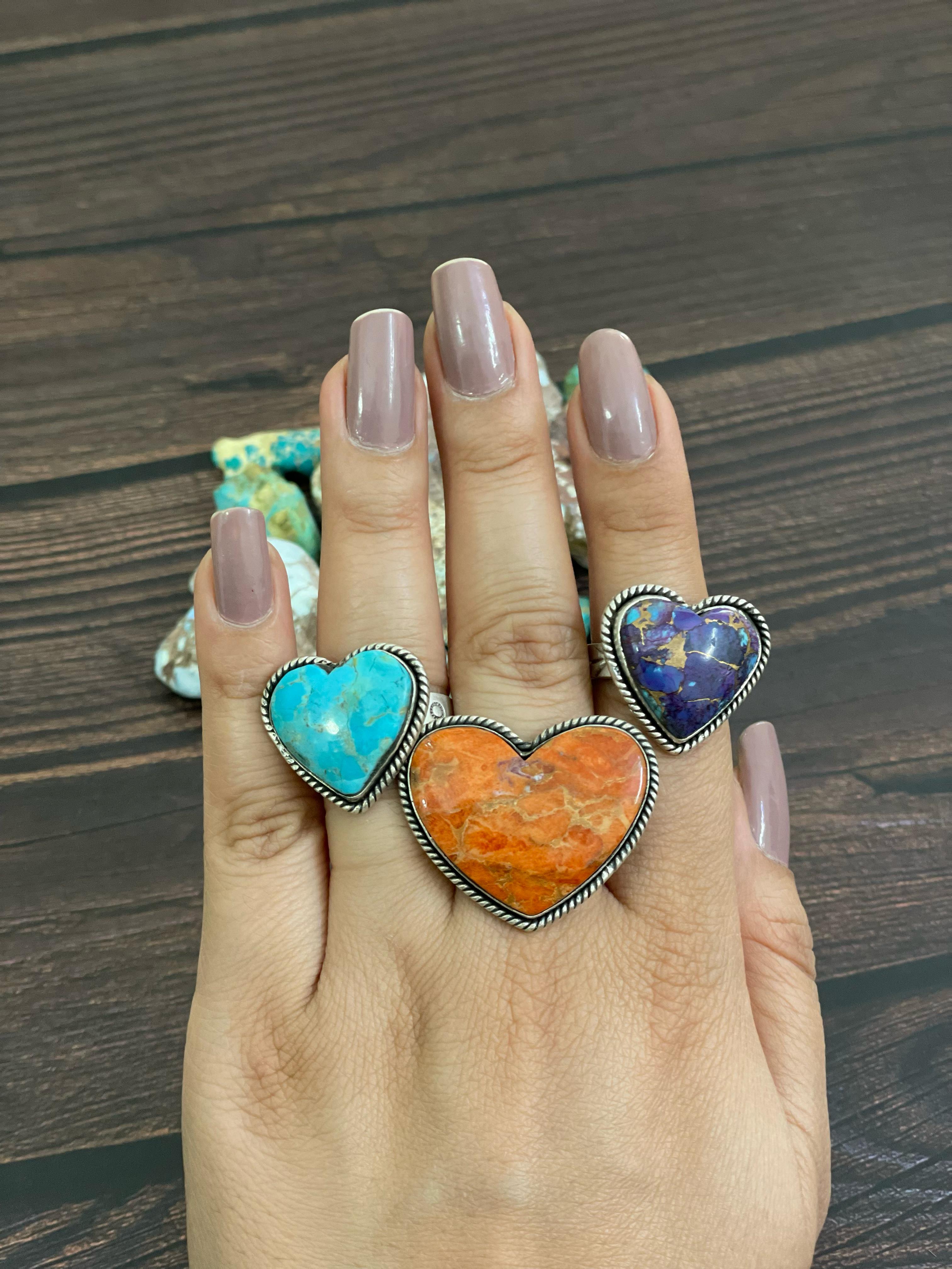 Handmade Sterling Silver Matrix Royston, Purple Copper Turquoise, Kingman Turquoise, Dahlia Rose Violet and Orange Moajve Ring, Signed Nizhoni