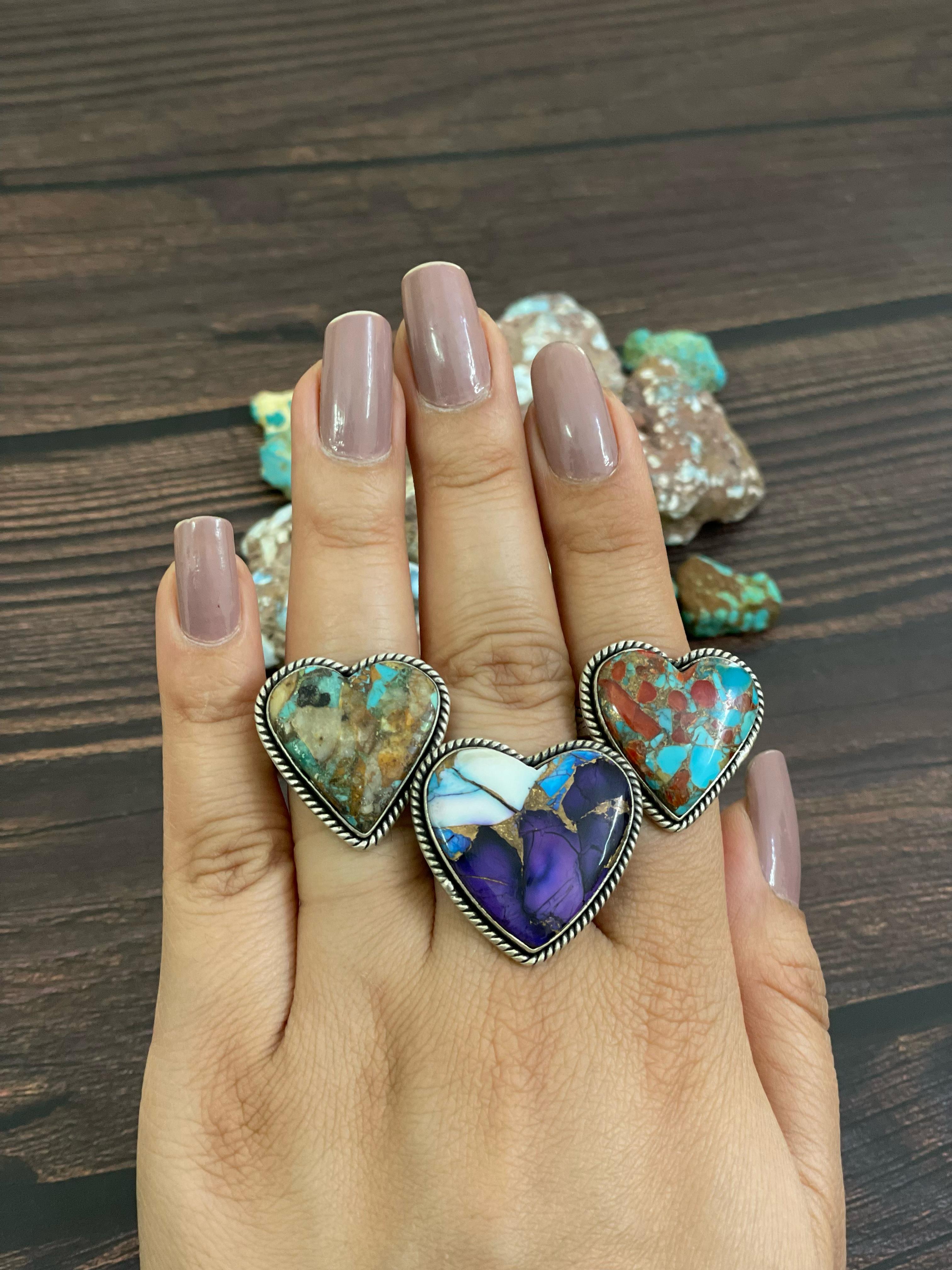 Handmade Sterling Silver Matrix Royston, Purple Copper Turquoise, Kingman Turquoise, Dahlia Rose Violet and Orange Moajve Ring, Signed Nizhoni