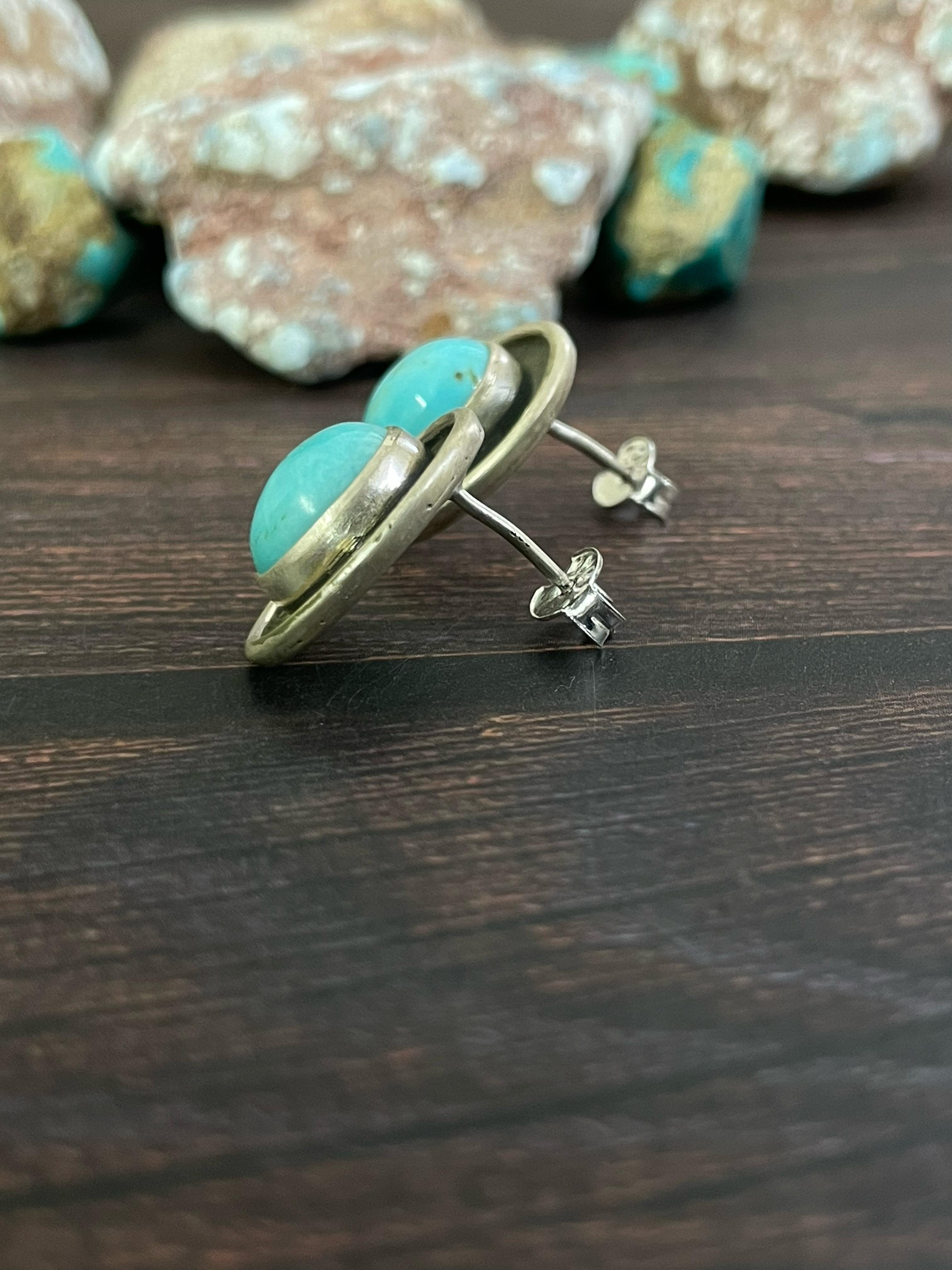 Handmade Sterling Silver Kingman Turquoise Post Earrings, Signed Nizhoni