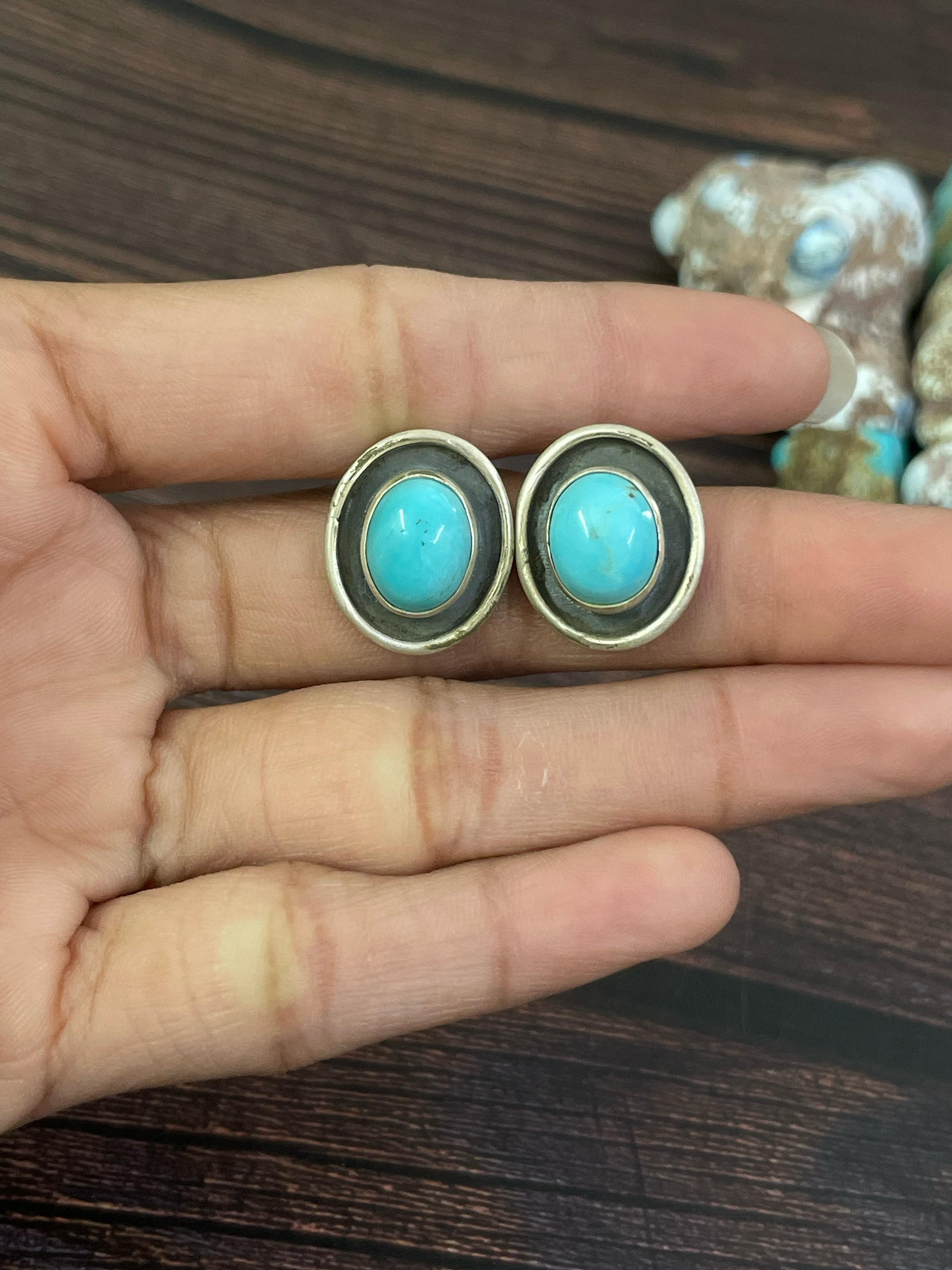 Handmade Sterling Silver Kingman Turquoise Post Earrings, Signed Nizhoni