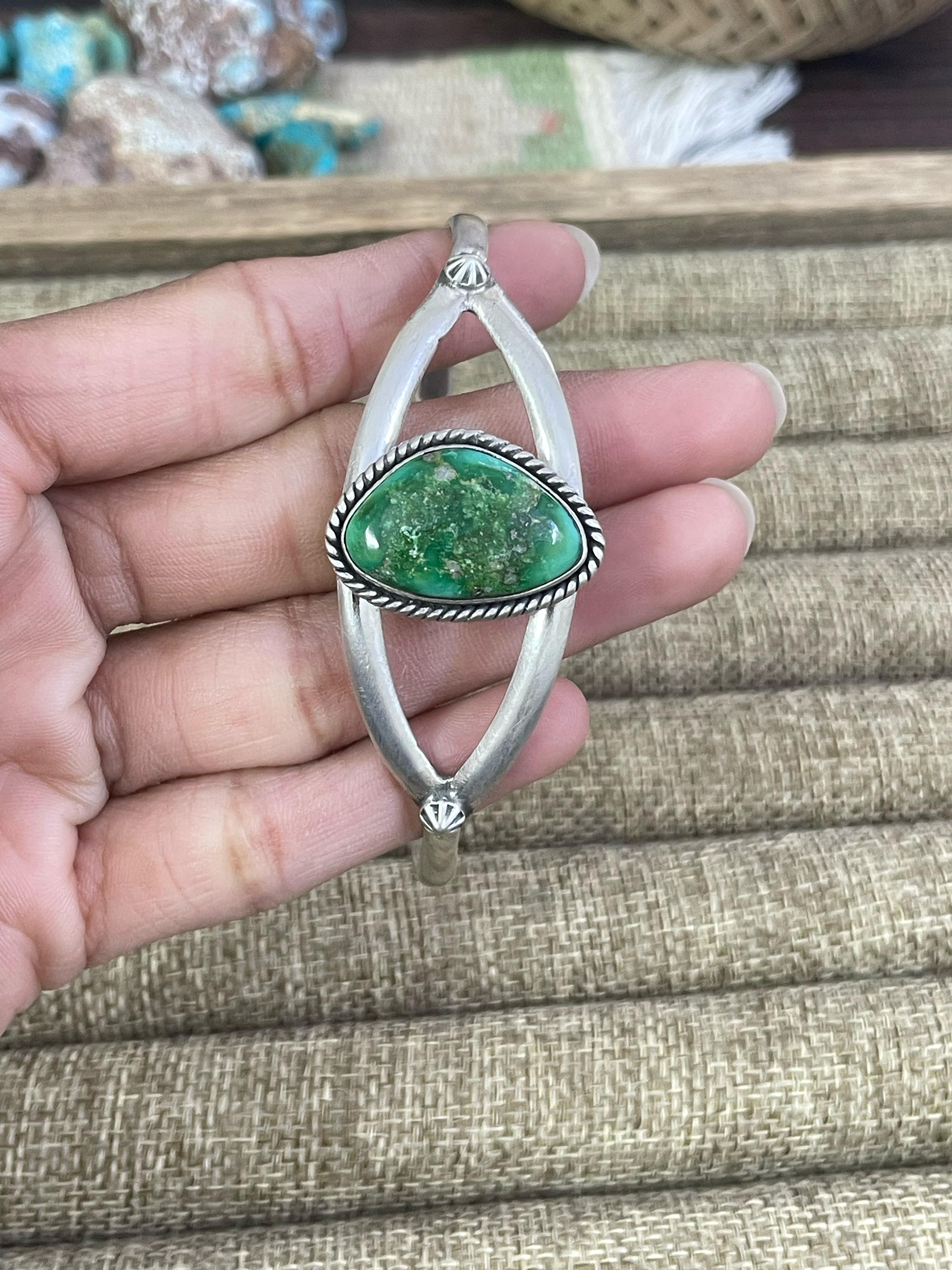 Handmade Sterling Silver NO.8 Golden Hills Turquoise, Sonoran Mountain Turquoise Bracelet, Signed Nizhoni