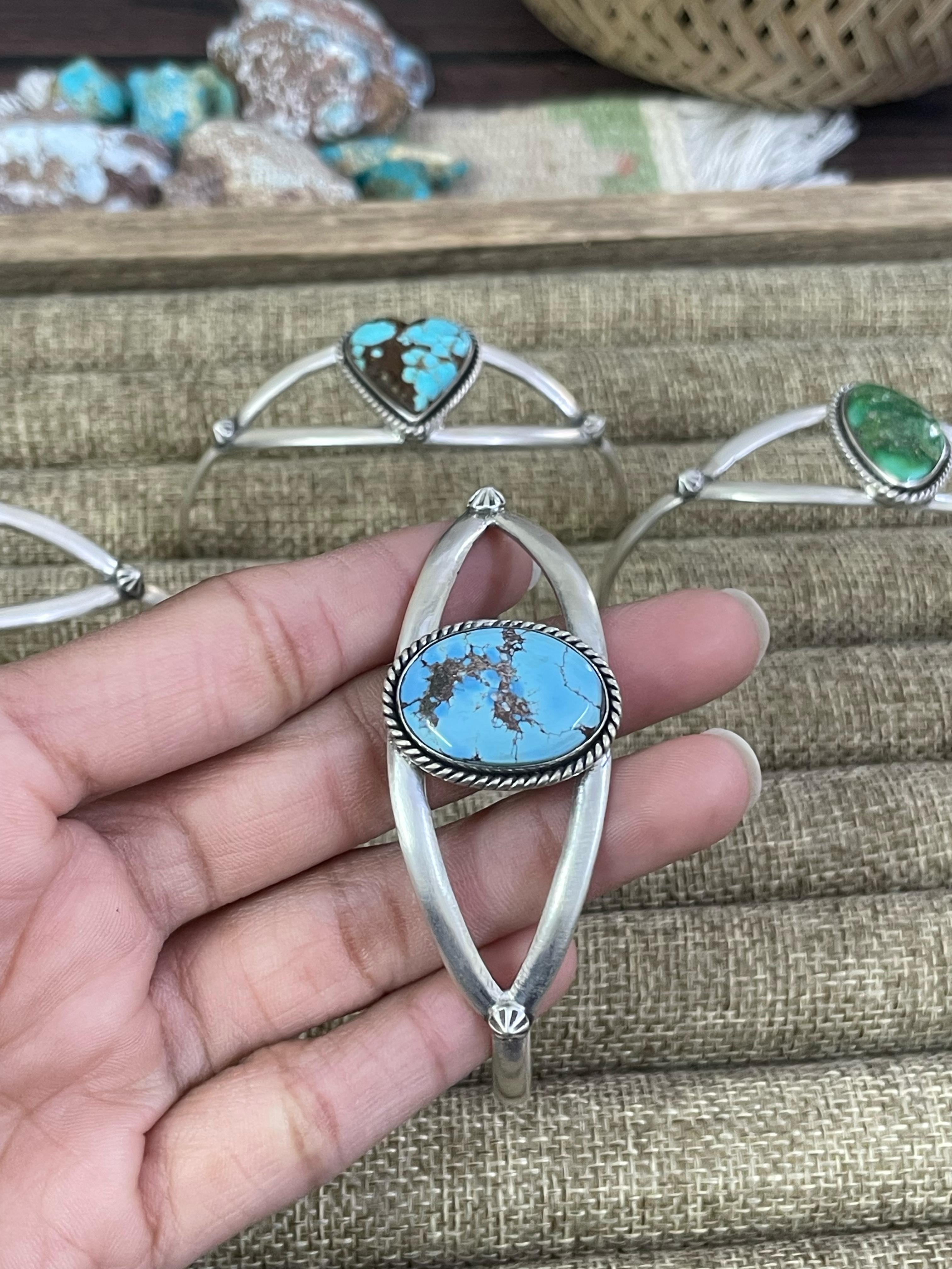 Handmade Sterling Silver NO.8 Golden Hills Turquoise, Sonoran Mountain Turquoise Bracelet, Signed Nizhoni