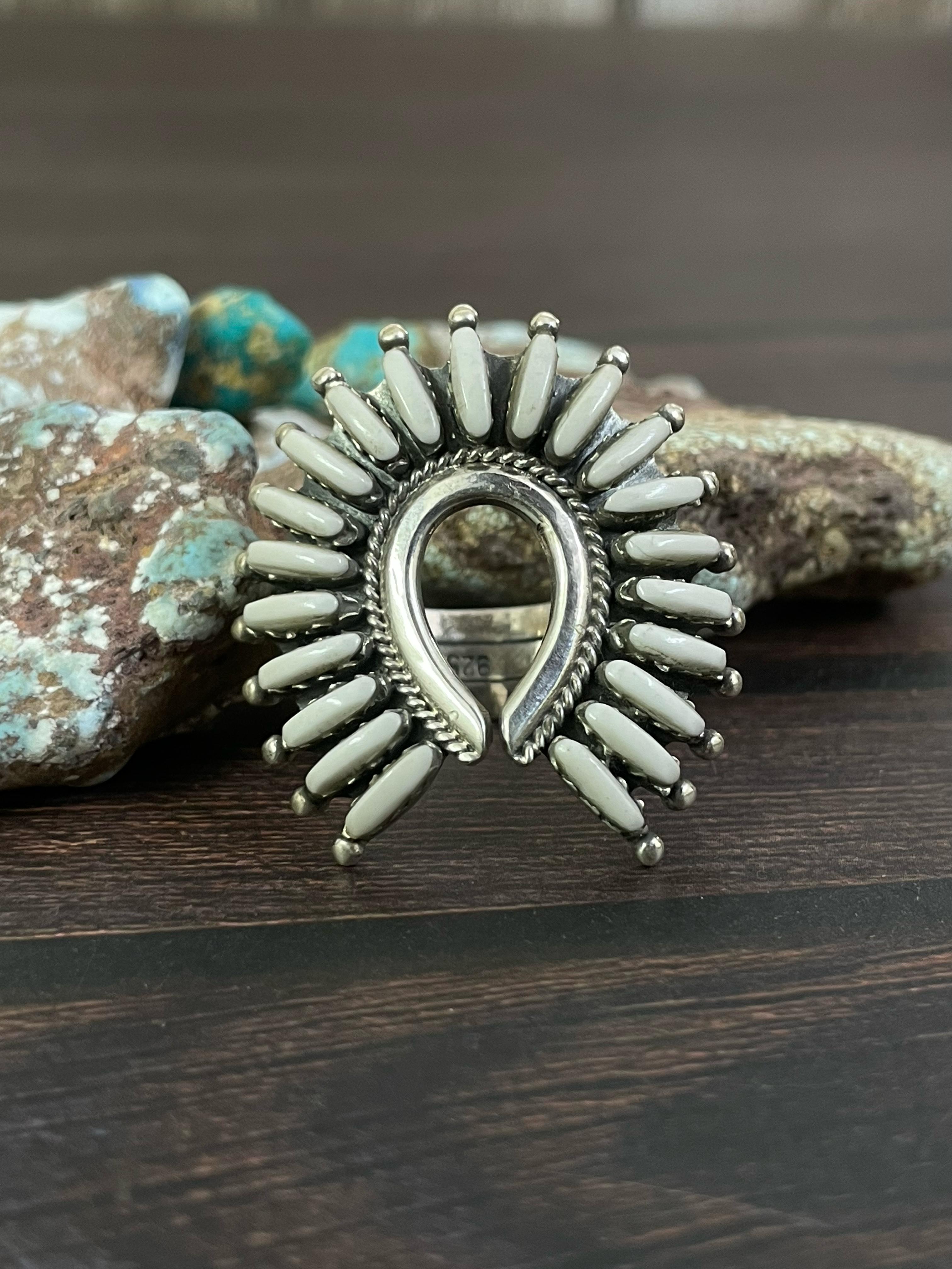 Handmade Sterling Silver White Buffalo Turquoise Adjustable Ring, Signed Nizhoni